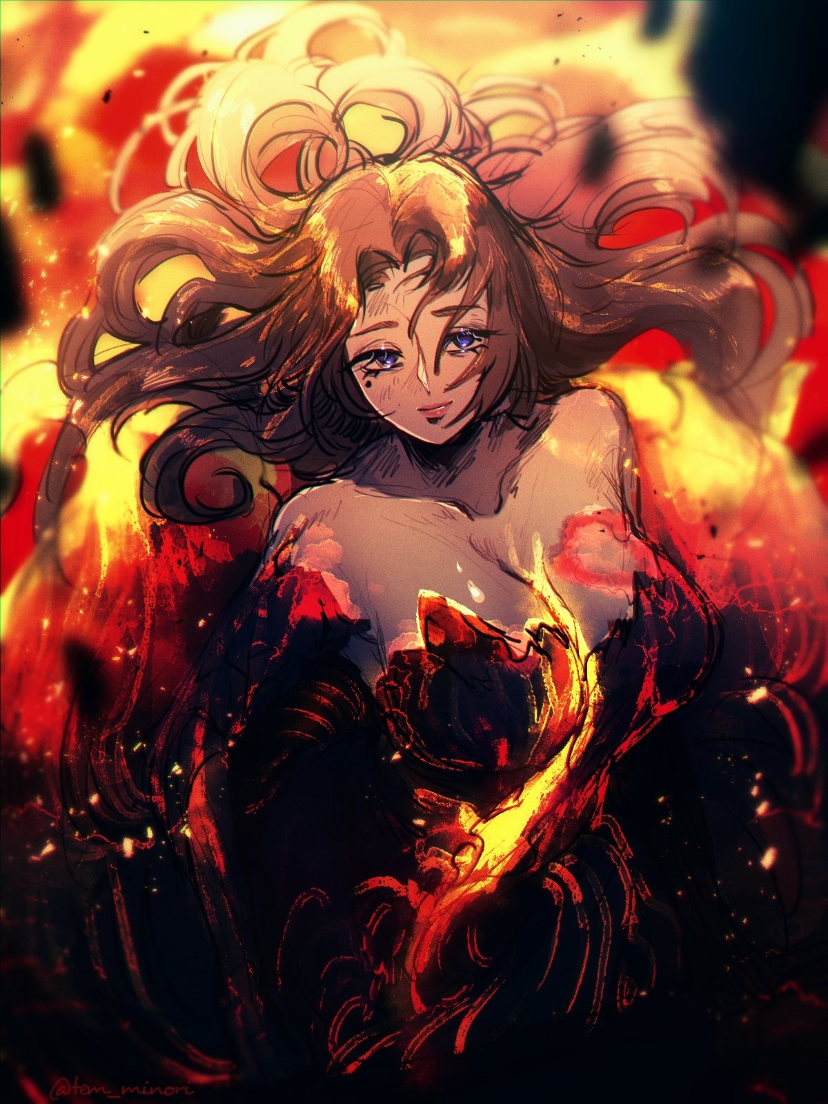 temari momiji, rodion (project moon), limbus company, project moon, commentary request, highres, 1girl, blue eyes, breasts, bruise, bruise on face, burning, burning clothes, cleavage, collarbone, curtained hair, fire, flaming hand, floating hair, hair between eyes, injury, large breasts, long hair, looking at viewer, solo, wavy hair