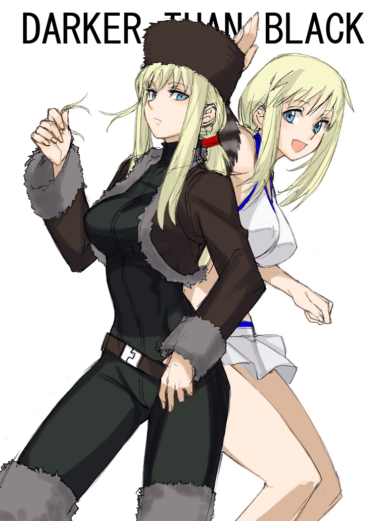 tetsu (kimuchi), tanya (darker than black), tanya akulova, darker than black, 00s, 2girls, back-to-back, belt, blonde hair, blue eyes, breasts, coat, coon hat, dual persona, expressionless, fur hat, hat, large breasts, long hair, multiple girls, ponytail, skirt, turtleneck, waving