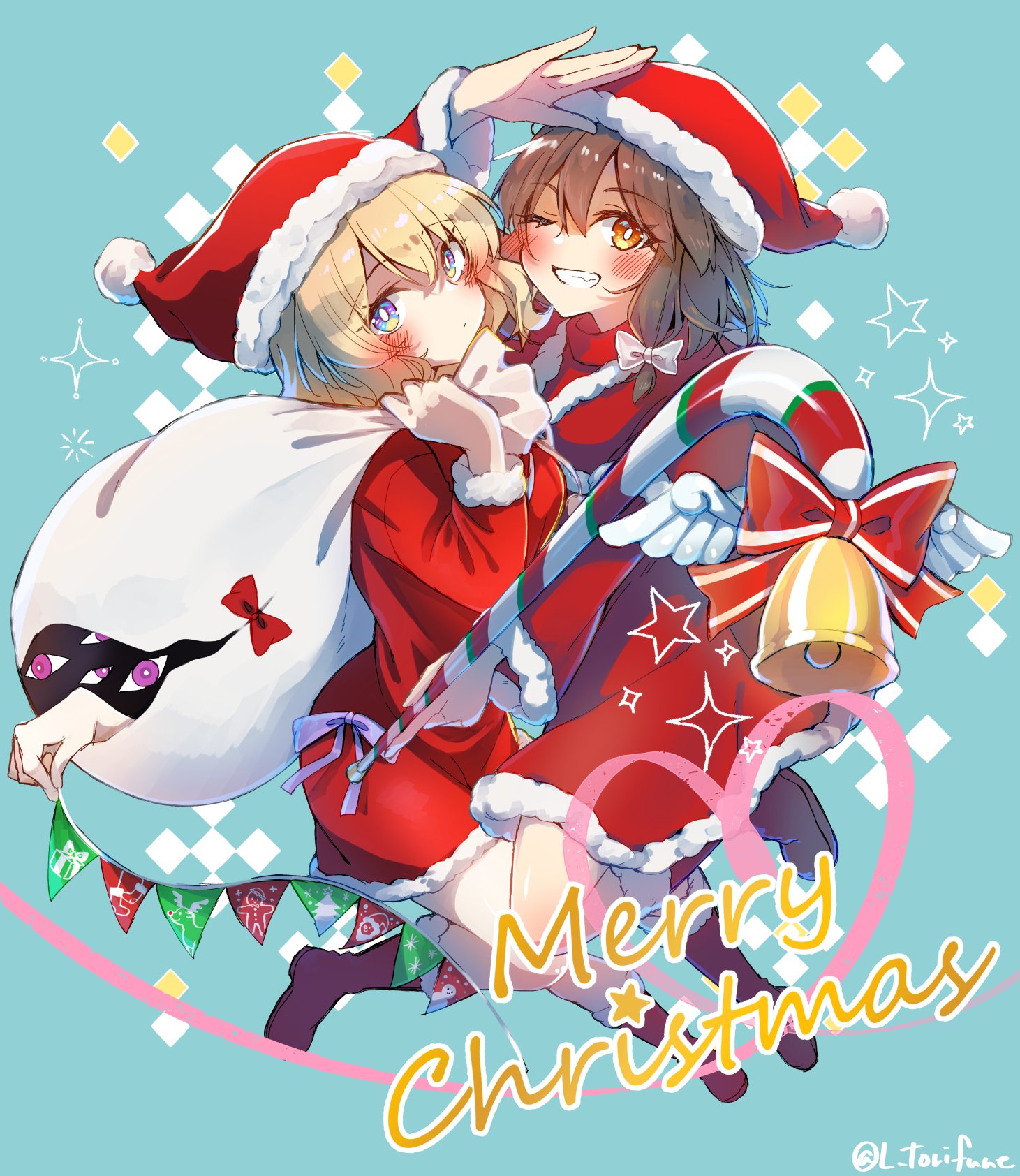 kinese (katasutorohu), maribel hearn, usami renko, yakumo yukari, touhou, commentary, highres, 3girls, ;d, aqua background, arm up, bell, blonde hair, blush, boots, bow, brown eyes, brown hair, bunting, candy, candy cane, capelet, christmas, closed mouth, disembodied eye, dress, food, fur-trimmed boots, fur-trimmed headwear, fur trim, gap (touhou), grin, hair bow, hat, holding, holding sack, knee boots, long sleeves, looking at viewer, medium hair, merry christmas, multiple girls, one eye closed, open mouth, pom pom (clothes), purple eyes, red boots, red capelet, red dress, red hat, sack, smile, white bow