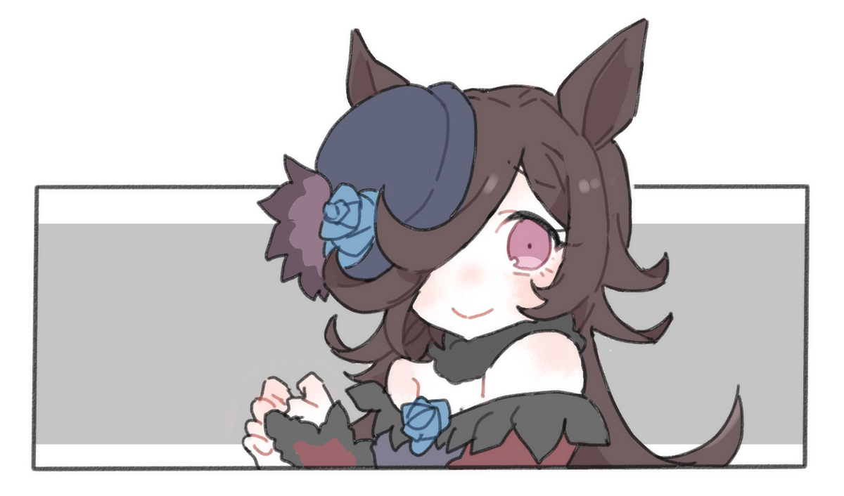 beer hsk, rice shower (rosy dreams) (umamusume), rice shower (umamusume), umamusume, 1girl, bare shoulders, black hat, blue dress, blue flower, blue rose, brown hair, closed mouth, dress, flower, grey background, hair over one eye, hands up, hat, hat flower, long hair, off-shoulder dress, off shoulder, own hands together, purple eyes, rose, smile, solo, tilted headwear, two-tone background, upper body, white background