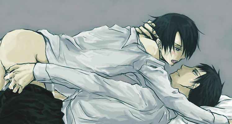 doumeki shizuka, watanuki kimihiro, xxxholic, 00s, 2boys, bed, blush, bottomless, cum, male focus, multiple boys, sweat, yaoi