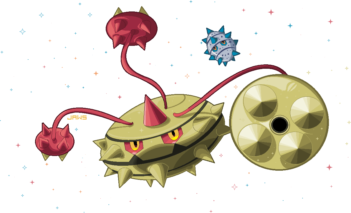 willow-pendragon, ferroseed, ferrothorn, nintendo, pokemon, commentary, making-of available, alternate color, evolutionary line, full body, gen 5 pokemon, no humans, pokemon (creature), pokemon focus, shiny pokemon, sparkle, spikes, transparent background