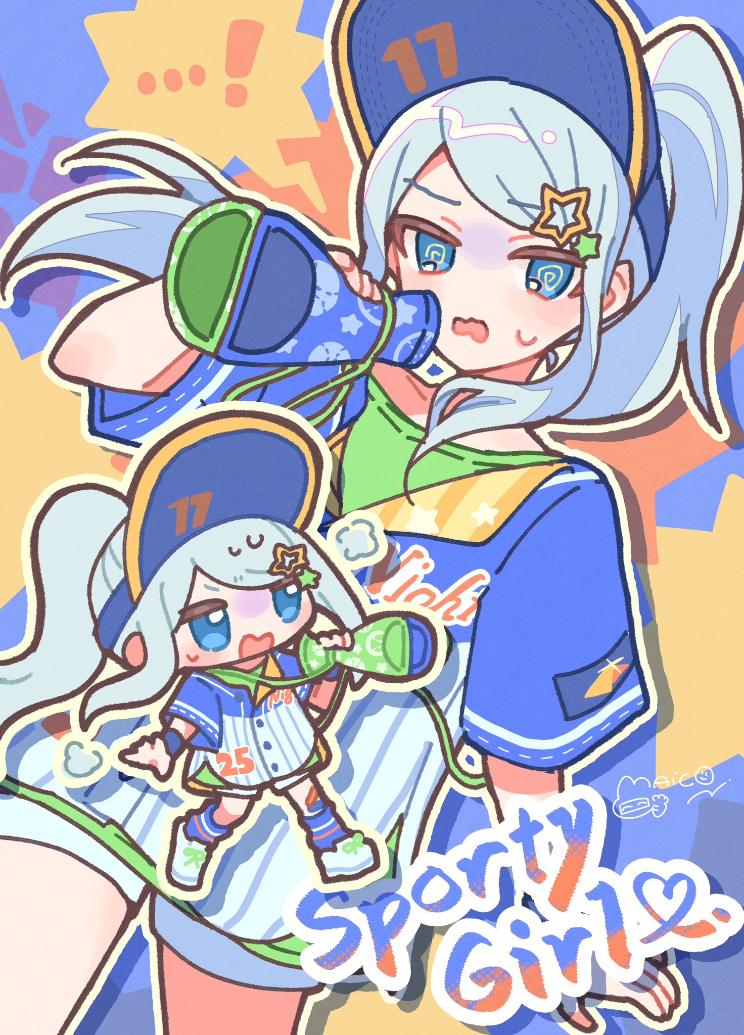 maico (manya0321), yoisaki kanade, project sekai, highres, @ @, blue eyes, blue hair, chibi, english text, hair ornament, high ponytail, holding, holding megaphone, long hair, megaphone, minna de enjoy! spojoy park (project sekai), open mouth, oversized clothes, oversized shirt, ponytail, shirt, star (symbol), star hair ornament, sweat, visor cap