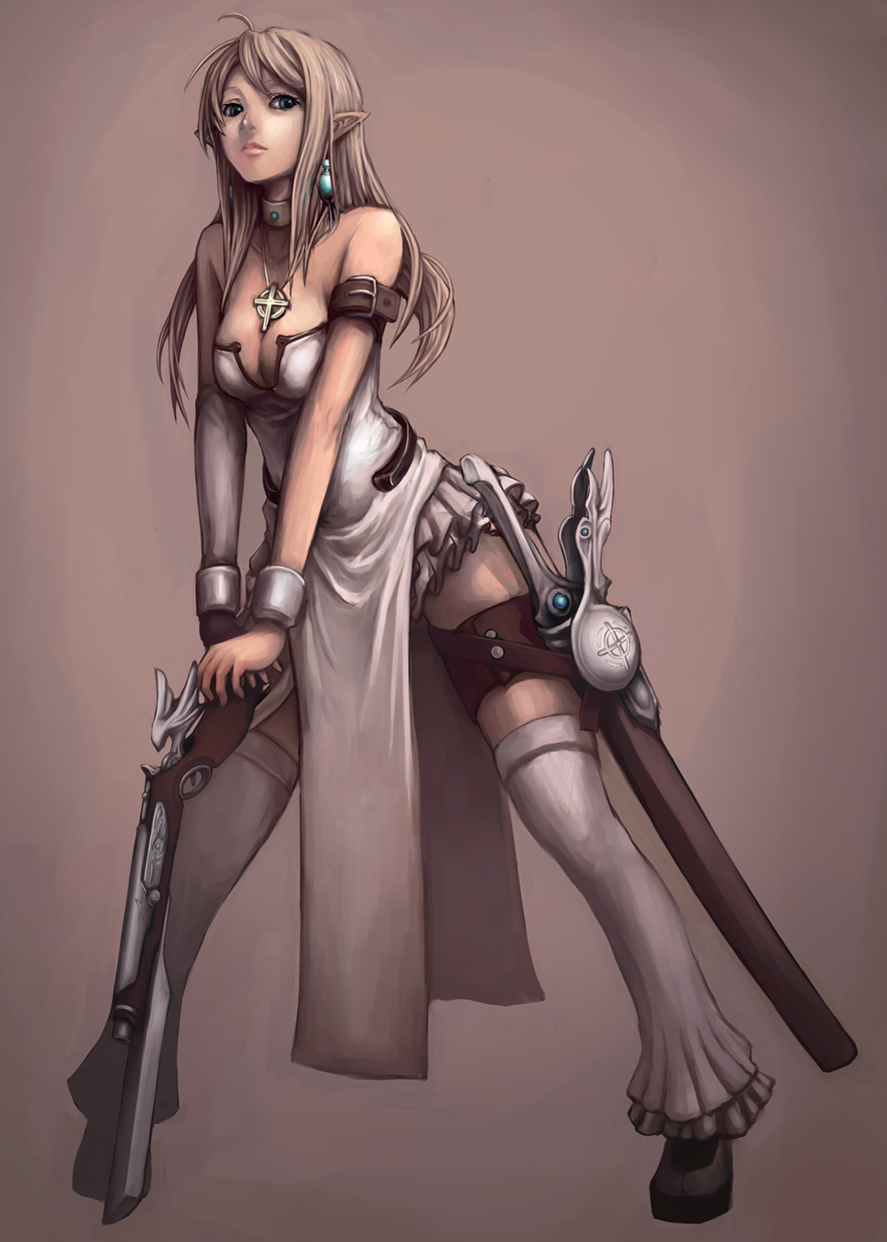 banajune, original, highres, 1girl, bare shoulders, bayonet, blonde hair, blue eyes, breasts, cleavage, cross, dress, earrings, elbow gloves, elf, female focus, gloves, gun, gunblade, jewelry, large breasts, lips, long hair, necklace, pointy ears, rifle, sheath, single glove, solo, sword, thighhighs, weapon, zettai ryouiki