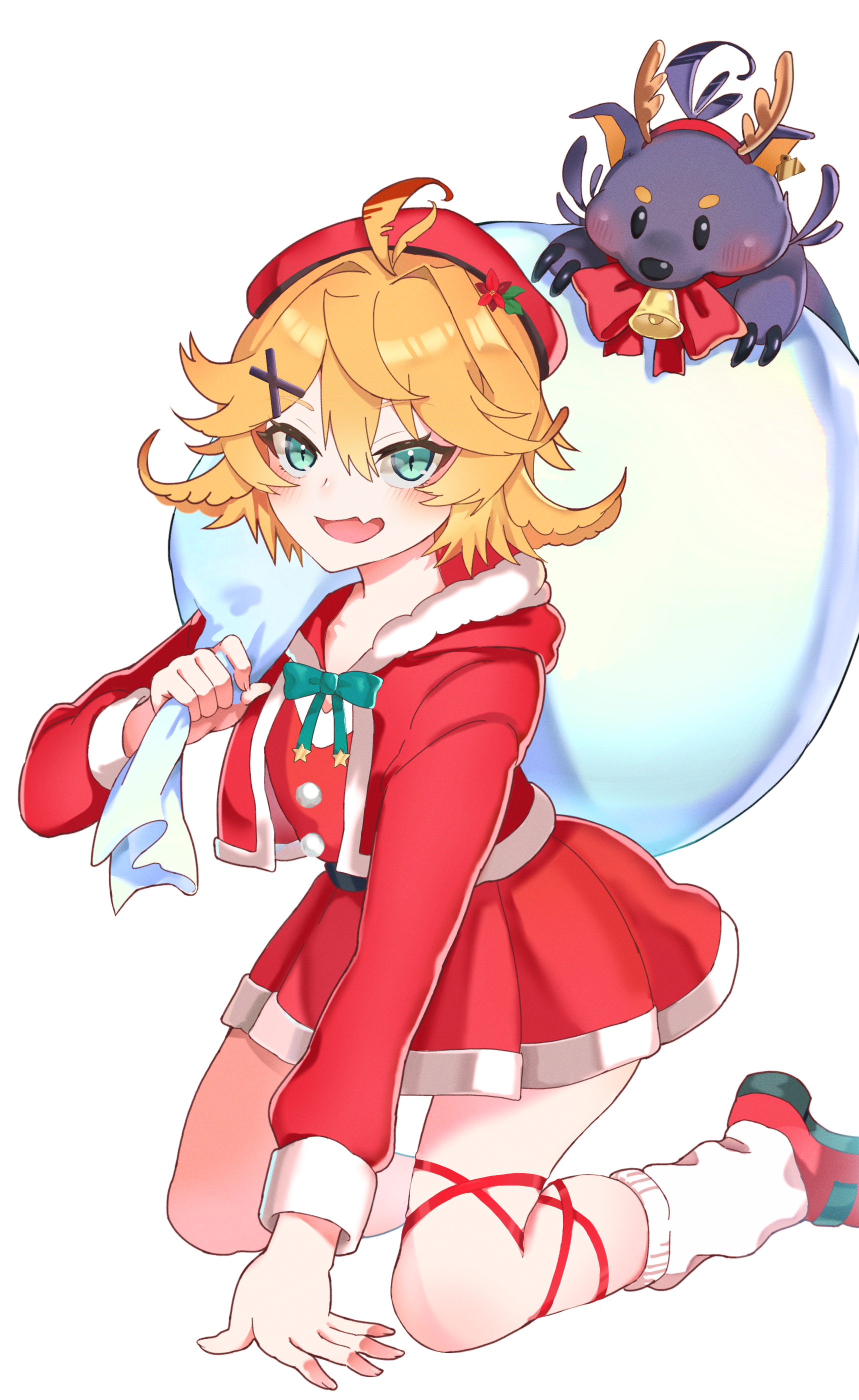 dokibird, dragoon (dokibird), indie virtual youtuber, absurdres, highres, 1girl, alternate costume, beret, blonde hair, blue eyes, cropped jacket, fang, fur-trimmed jacket, fur trim, hat, holding, holding sack, jacket, looking at viewer, medium hair, ramwing1, red hat, red jacket, red shirt, red skirt, sack, santa costume, shirt, skin fang, skirt, solo, virtual youtuber, white background
