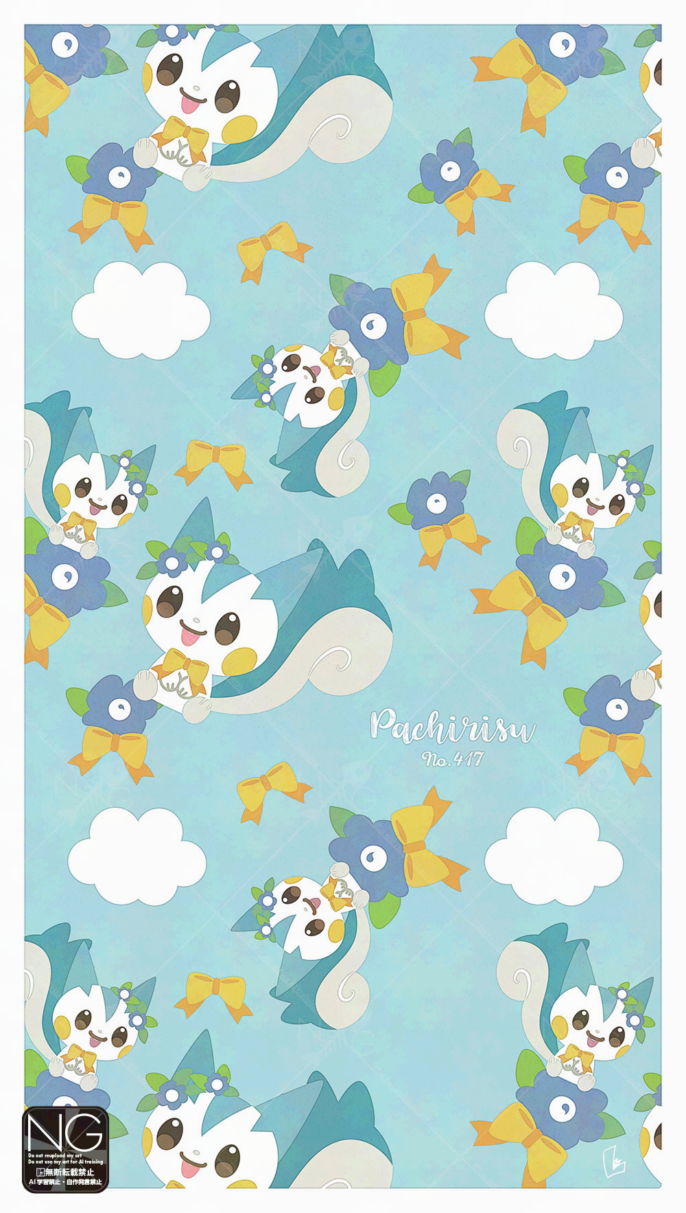 meme (sleepsheep), pachirisu, nintendo, pokemon, highres, animal focus, blue flower, bow, cloud, ear flower, flower, gen 4 pokemon, no humans, pokemon (creature), pokemon focus, smile, squirrel, tail, tongue, tongue out, yellow bow