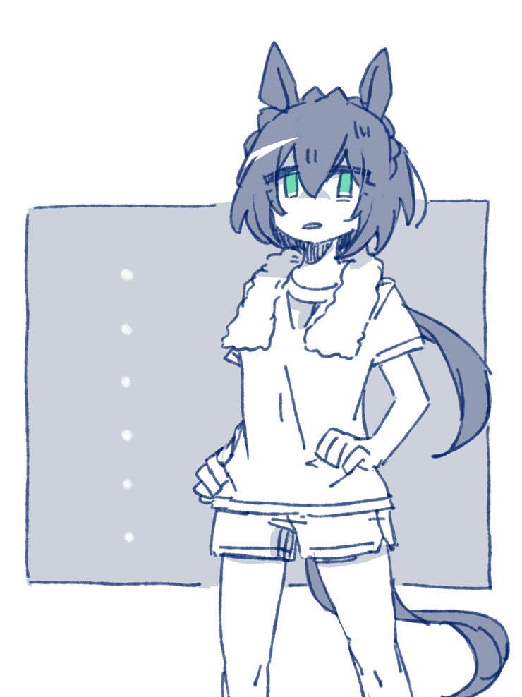 beer hsk, kin'iro ryotei (umamusume), umamusume, 1girl, animal ears, green eyes, grey background, hair between eyes, hands on own hips, horse ears, horse girl, horse tail, long hair, low ponytail, monochrome, parted lips, ponytail, shirt, short shorts, short sleeves, shorts, solo, spot color, standing, tail, towel, towel around neck, two-tone background, very long hair, white background