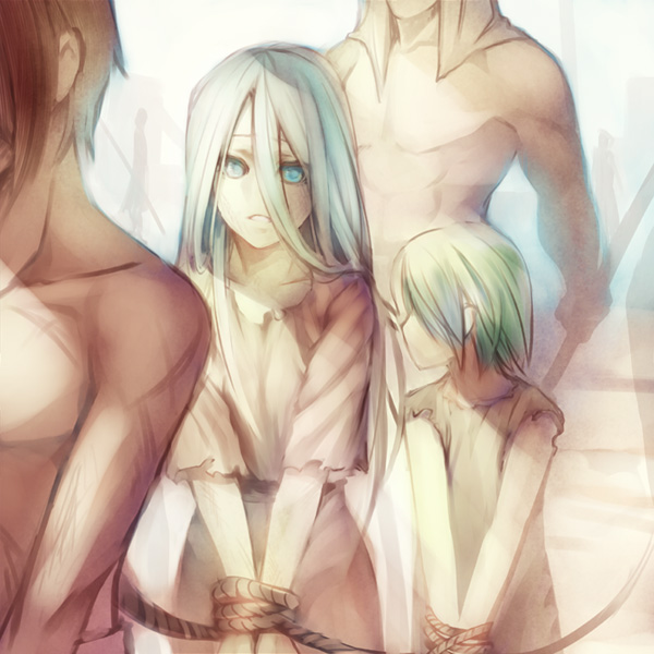 era (traveling bird), fishball, kisara (yu-gi-oh!), yu-gi-oh!, yu-gi-oh! duel monsters, extra, bad id, bad pixiv id, 1girl, bdsm, blue eyes, blue hair, bondage, bound, bound wrists, egypt, long hair, rope, slave, white hair