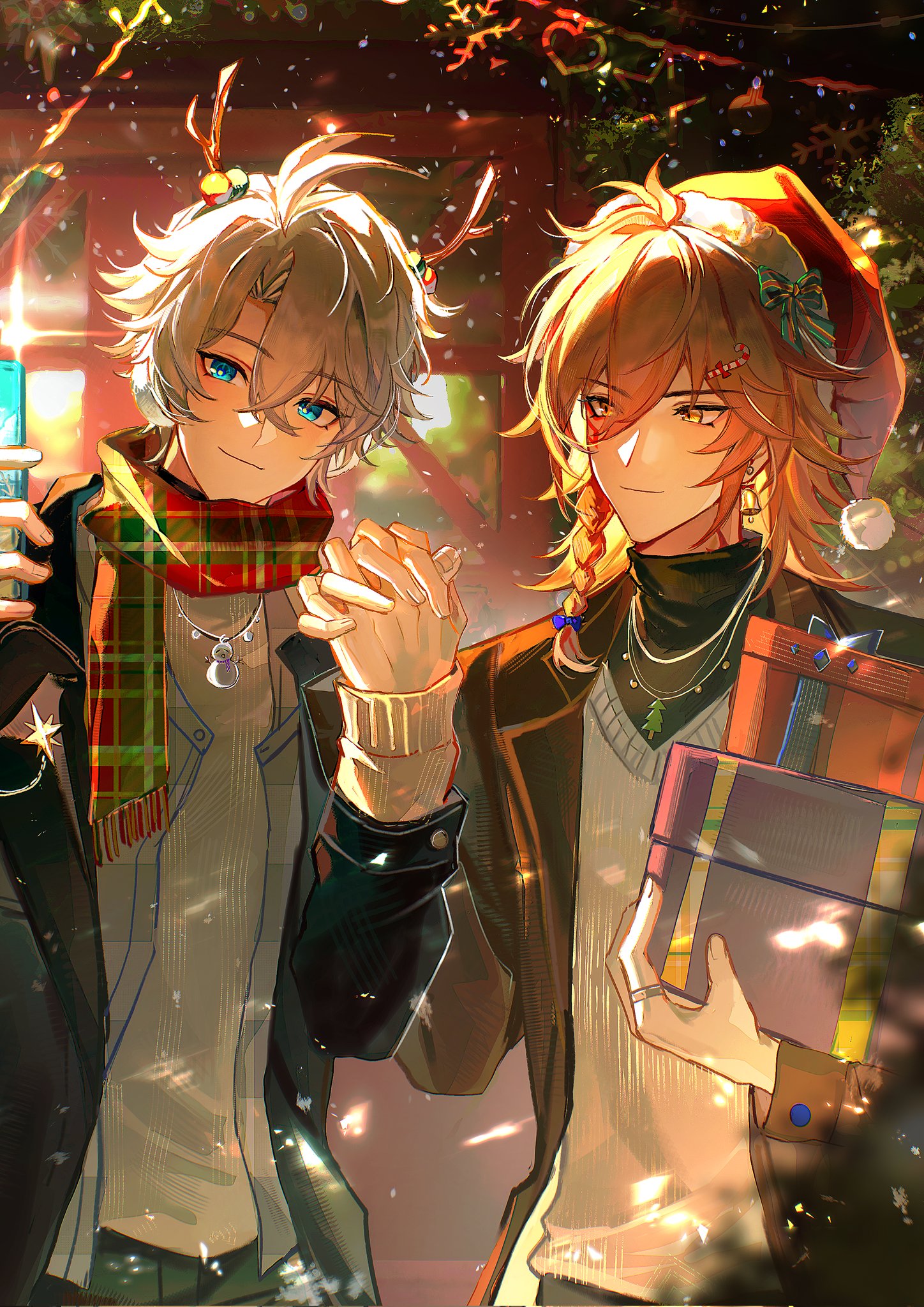qiaose33912, mydei (honkai: star rail), phainon (honkai: star rail), honkai: star rail, honkai (series), highres, 2boys, alternate costume, animal earmuffs, bell, bell earrings, black coat, blue eyes, candy cane hair ornament, christmas, christmas tree, coat, earrings, food-themed hair ornament, gift, grey hair, hair ornament, hat, holding, holding gift, holding hands, jewelry, looking at phone, medium hair, multiple boys, necklace, orange eyes, orange hair, phone, ring, santa hat, scarf, short hair, snowman, sweater, taking picture, turtleneck, white sweater