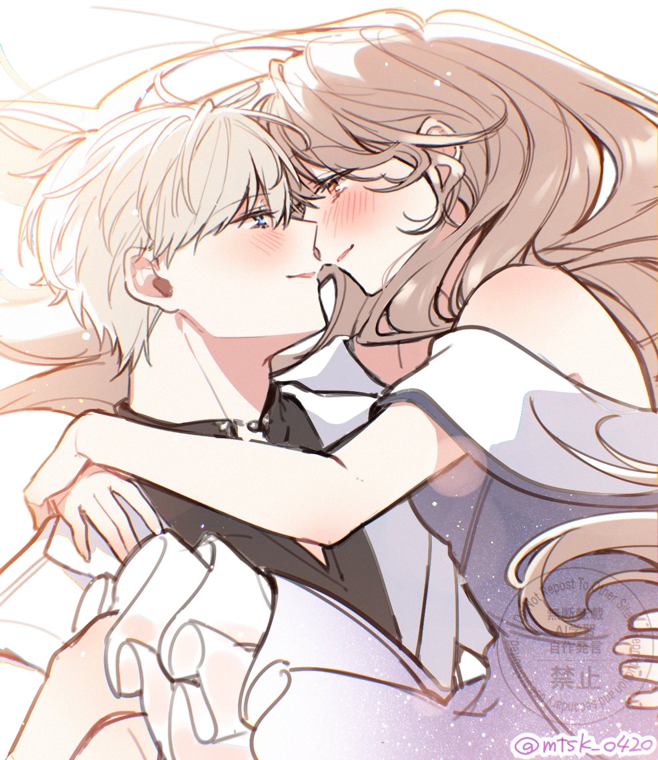 protagonist (love and deepspace), xavier (love and deepspace), love and deepspace, highres, 1boy, 1girl, arm around waist, arms around neck, bare shoulders, black collar, black shirt, blue eyes, blush, brown eyes, brown hair, coat, collar, couple, dress, face-to-face, grey hair, hetero, long hair, looking at another, mtsk 0420, off-shoulder dress, off shoulder, shirt, watermark, white background, white coat