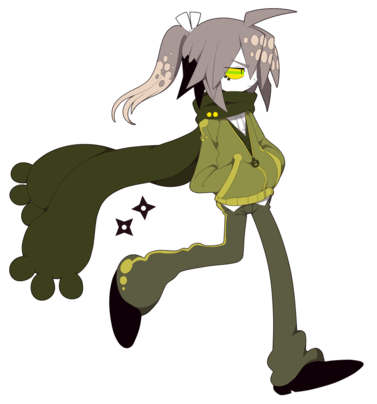 funamusea (artist), funamusea, official art, ahoge, brown hair, colored skin, green pants, green scarf, green sweater, green sweater vest, hair between eyes, long hair, long sleeves, male focus, multicolored hair, multicolored sclera, pants, ponytail, scarf, shirt, solo, sweater, sweater vest, white background, white shirt, yamori (funamusea)