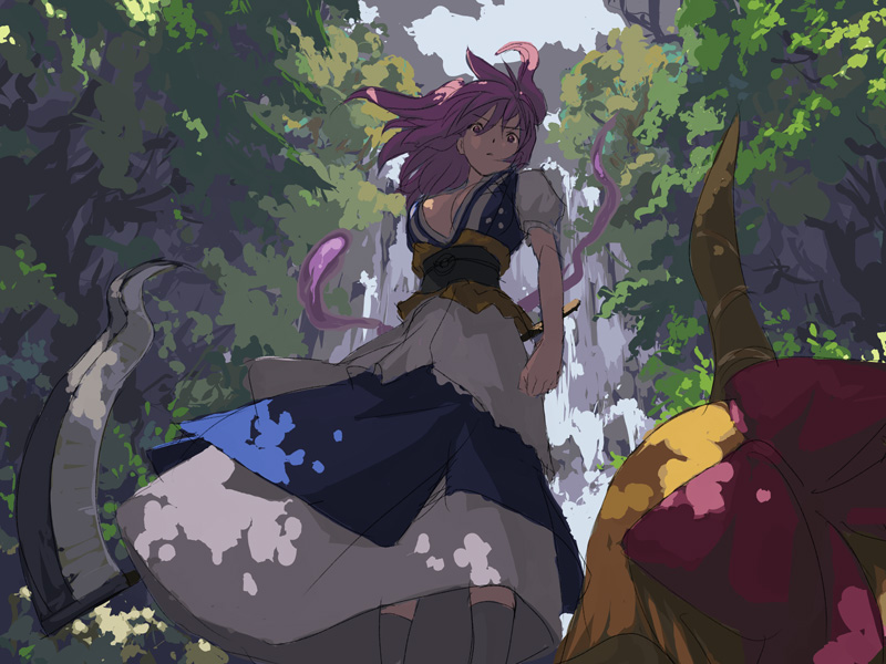 meranie, ibuki suika, onozuka komachi, touhou, 2girls, bow, breasts, cleavage, female focus, from below, horns, multiple girls, scythe, tree, water, waterfall