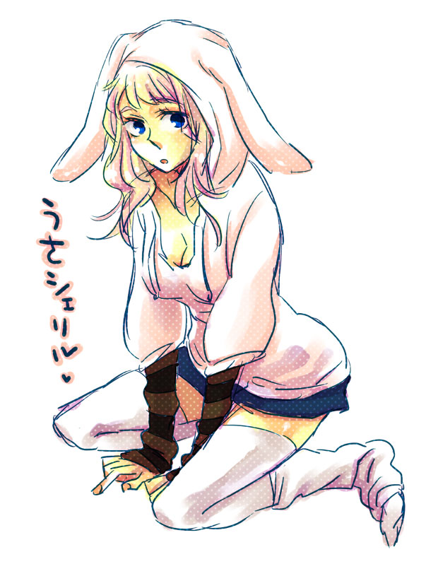 tmsk, sheryl nome, macross, macross frontier, translation request, 00s, 1girl, animal ears, blonde hair, blue eyes, breasts, cleavage, female focus, full body, rabbit ears, sketch, solo, thighhighs, white background