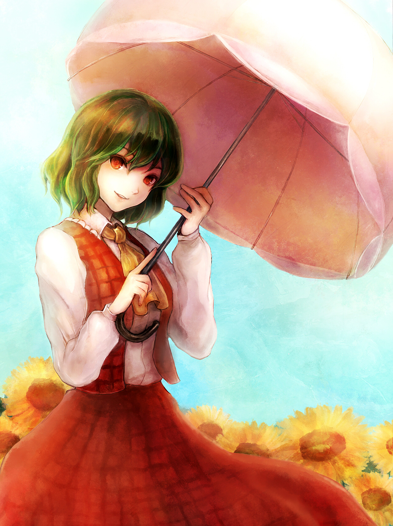 tsukuru (seki sabato), kazami yuuka, touhou, highres, 1girl, ascot, female focus, flower, green hair, parasol, parody, plaid clothes, plaid skirt, plaid vest, red eyes, short hair, skirt, skirt set, smile, solo, style parody, sunflower, umbrella, vest