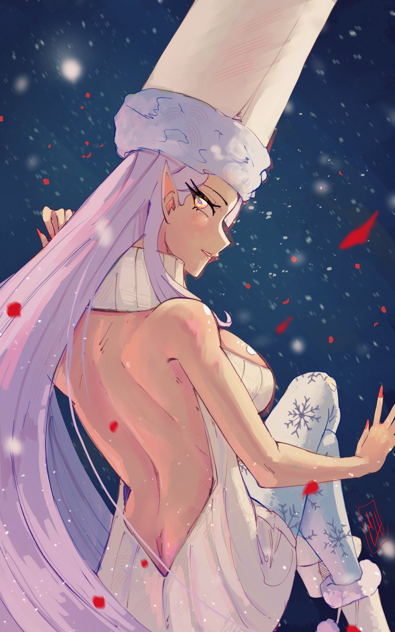 boutsoftheblind, zentreya, zentreya (cyborg), indie virtual youtuber, highres, 1girl, backless outfit, boots, breasts, closed mouth, grey sweater, large breasts, long hair, looking at viewer, nail polish, outdoors, pantyhose, pink nails, pointy ears, sideboob, snow print, snowing, solo, sweater, very long hair, virgin killer sweater, virtual youtuber, white boots, white pantyhose, yellow eyes, zentreya (jolly zen)