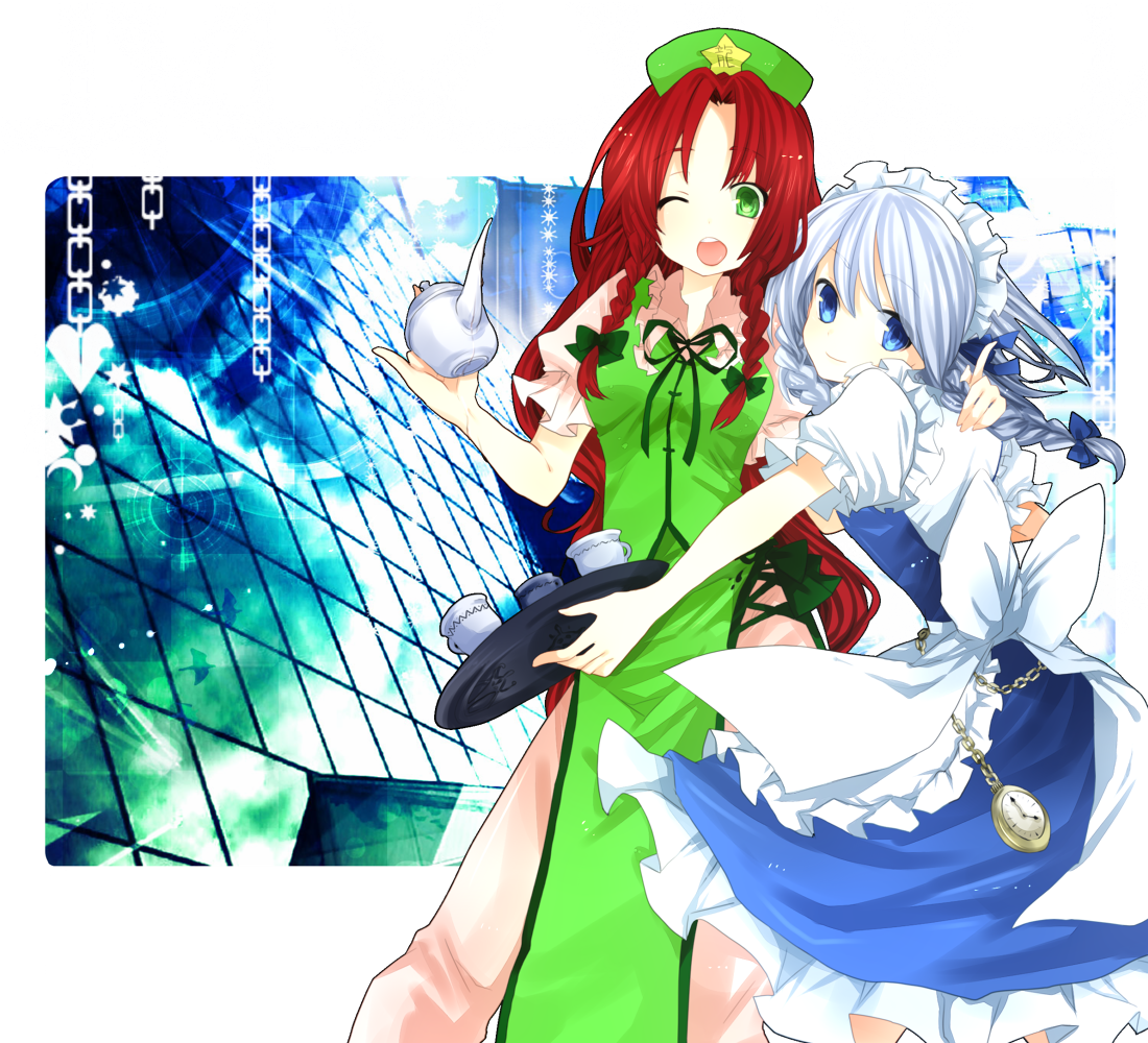 amaya enaka, tentani, hong meiling, izayoi sakuya, embodiment of scarlet devil, touhou, bad id, bad pixiv id, 2girls, apron, blue eyes, bow, braid, chain, china dress, chinese clothes, clock, cup, dress, female focus, green eyes, long hair, maid, maid apron, maid headdress, multiple girls, one eye closed, pocket watch, red hair, teapot, twin braids, watch, white hair, wink