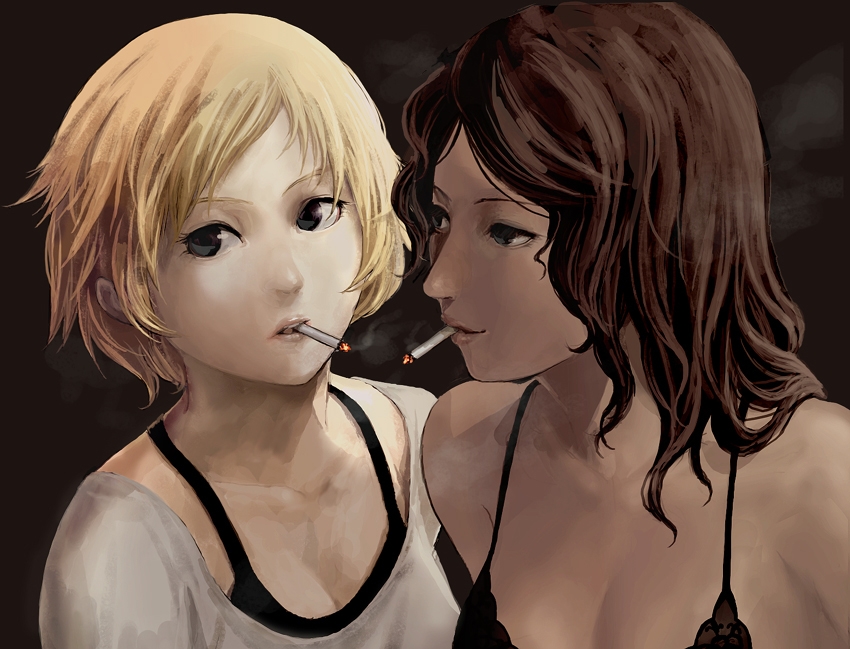 minoo, original, bad id, bad pixiv id, 2girls, bare shoulders, black eyes, blonde hair, brown hair, cigarette, long hair, mouth hold, multiple girls, short hair, smoke, smoking