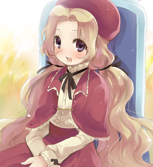 kl (dgzonbi), nunnally vi britannia, code geass, 00s, 1girl, brown hair, capelet, dress, female focus, hat, long hair, long sleeves, open mouth, purple eyes, sitting, solo, twintails