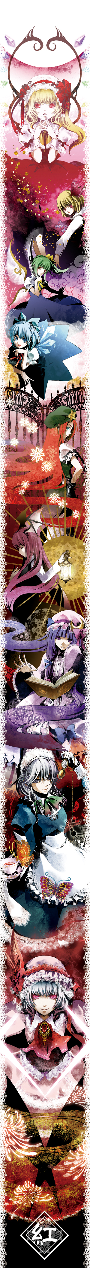 mochinue, cirno, daiyousei, flandre scarlet, hong meiling, izayoi sakuya, koakuma, patchouli knowledge, remilia scarlet, rumia, embodiment of scarlet devil, touhou, absurdres, highres, long image, tall image, 6+girls, blonde hair, everyone, multiple girls, red eyes