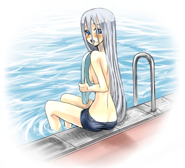 zuino, kisara (yu-gi-oh!), yu-gi-oh!, yu-gi-oh! duel monsters, silver hair, 1girl, back, blue eyes, blue jammers, blue male swimwear, blush, breast press, breasts, butt crack, covering privates, crossdressing, crossdressing (ftm), embarrassed, female focus, jammers, kickboard, long hair, looking back, male swimwear, open mouth, pool, pool ladder, poolside, sitting, soaking feet, solo, swimsuit, topfreedom, topless female, very long hair, water