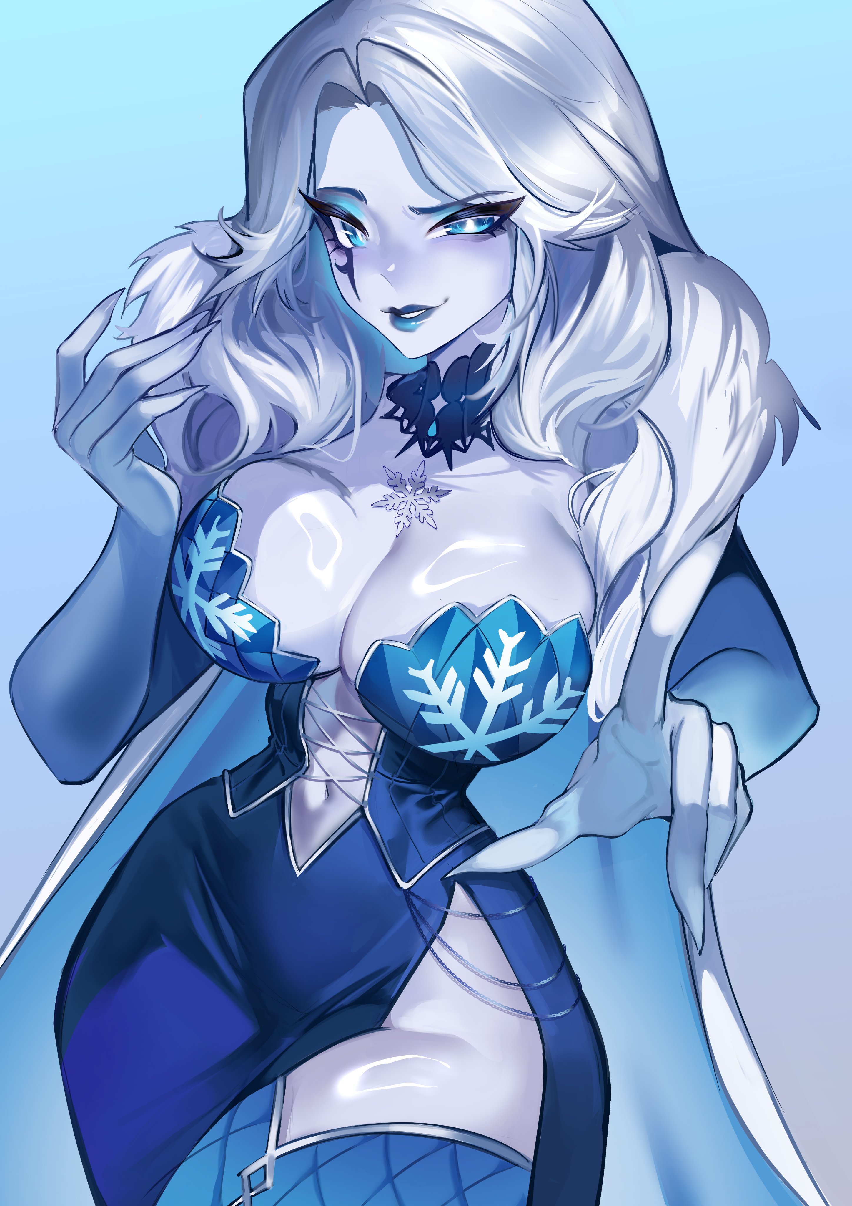 suliavtuber, vexoria the sun eater, vexoria the sun eater (frozen empress), indie virtual youtuber, absurdres, highres, blue dress, blue eyes, blue eyeshadow, blue lips, blue thighhighs, breasts, cleavage, closed mouth, colored skin, dress, eyeshadow, large breasts, lipstick, long hair, looking at viewer, makeup, smile, solo, thighhighs, virtual youtuber, white skin