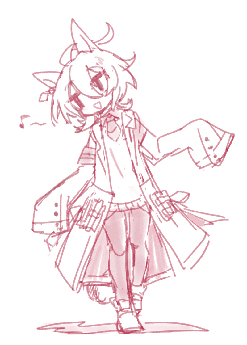 beer hsk, agnes tachyon (tach-nology) (umamusume), agnes tachyon (umamusume), umamusume, 1girl, :>, ahoge, animal ears, collared shirt, eighth note, hair between eyes, head tilt, horse ears, horse girl, horse tail, lab coat, long sleeves, monochrome, musical note, necktie, open clothes, pantyhose, parted lips, shirt, shoes, short necktie, simple background, sketch, sleeves past fingers, sleeves past wrists, solo, tail, triangle mouth, walking, white background