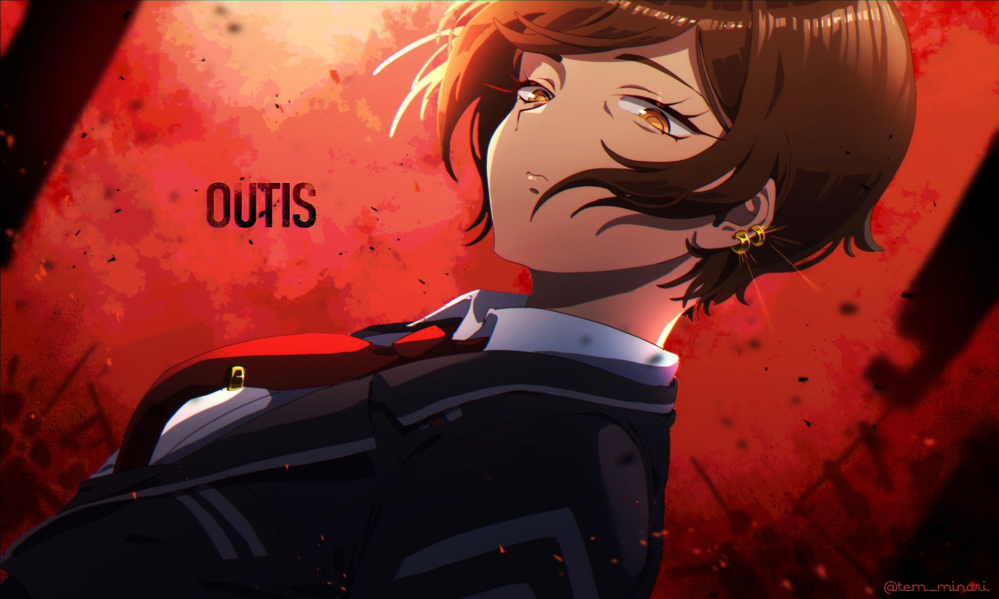 temari momiji, outis (project moon), limbus company, project moon, commentary request, highres, 1girl, black coat, blood, blood splatter, brown eyes, brown hair, coat, collared shirt, dark-skinned female, dark skin, ear piercing, from side, glint, hair intakes, half-closed eyes, lapels, looking at viewer, necktie, notched lapels, people, piercing, red necktie, shirt, short hair, solo, twitter username, white shirt