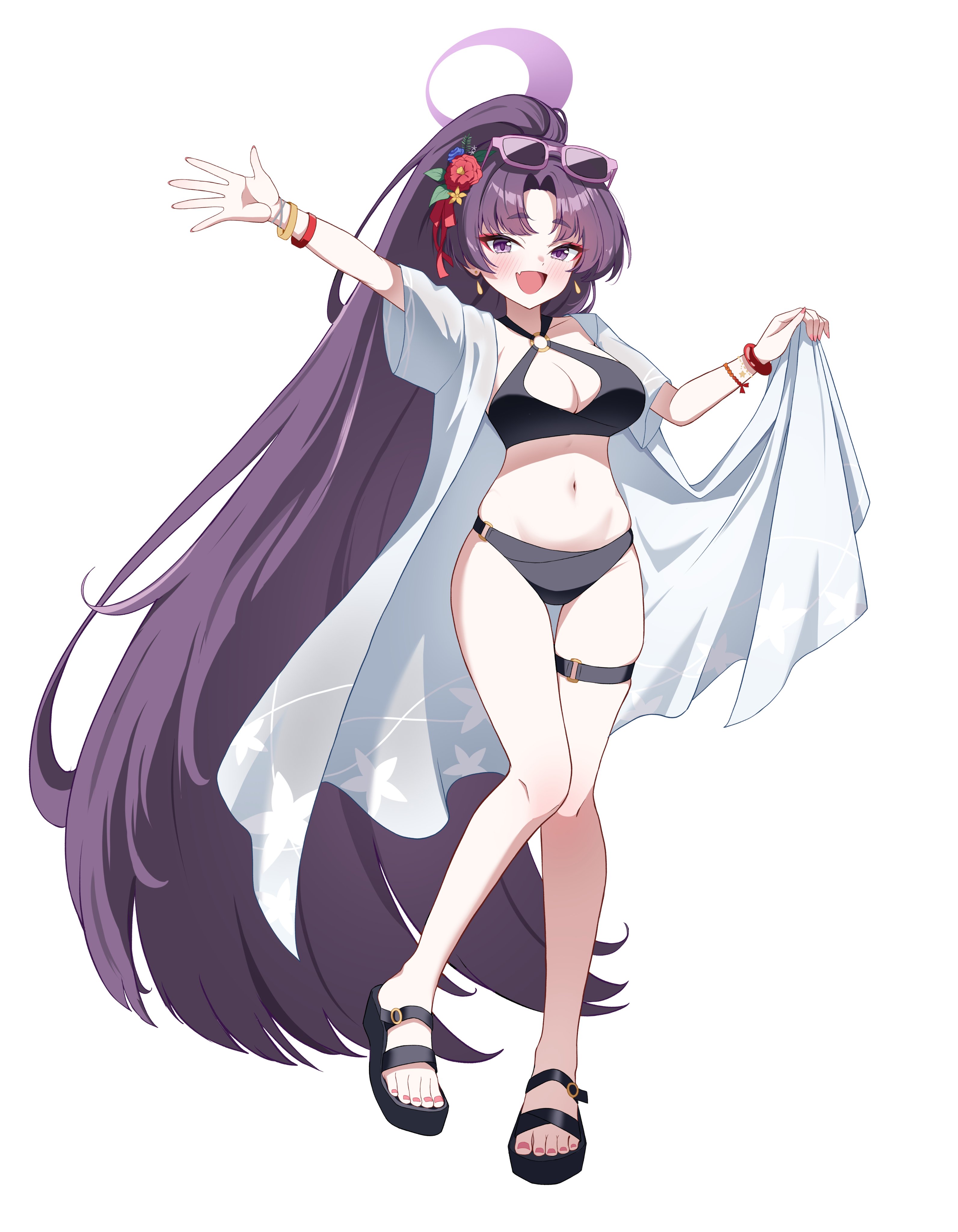 felice ykr, yukari (blue archive), blue archive, absurdres, highres, 1girl, bikini, black bikini, bracelet, breasts, criss-cross halter, earrings, eyewear on head, fang, flower, hair flower, hair ornament, halterneck, high ponytail, jewelry, large breasts, long hair, looking at viewer, navel, o-ring, o-ring bikini, official alternate costume, open mouth, parted bangs, ponytail, purple eyes, purple hair, sandals, simple background, skin fang, smile, solo, sunglasses, swimsuit, thigh strap, very long hair, waving arms, white background