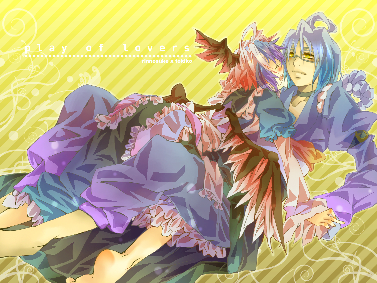 kurata (mitry), morichika rinnosuke, tokiko (touhou), curiosities of lotus asia, touhou, silver hair, bad id, bad pixiv id, highres, 1boy, 1girl, barefoot, blush, couple, feet, glasses, head wings, hetero, horns, mitry, multicolored hair, short hair, wings, yellow eyes