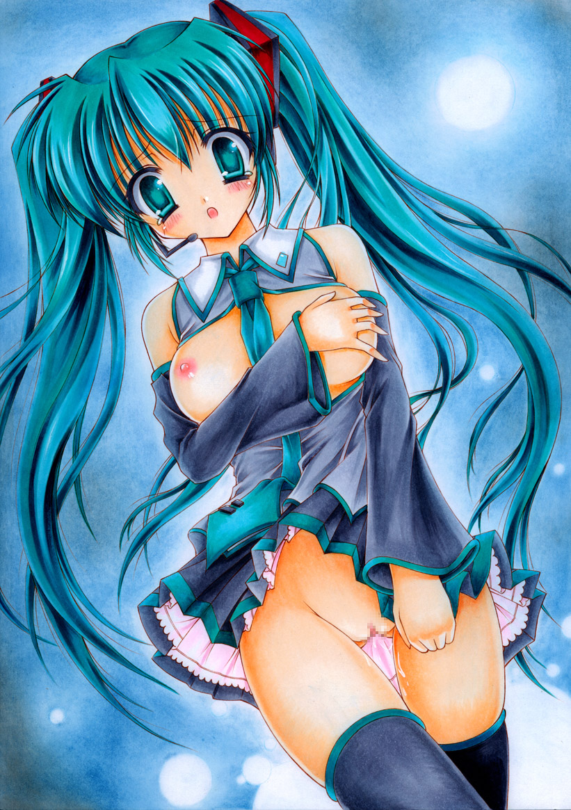 mizuki chika, hatsune miku, vocaloid, bad id, bad pixiv id, traditional media, 1girl, aqua hair, blush, breasts, censored, detached sleeves, female focus, headset, long hair, necktie, nipples, no panties, open mouth, pussy, skirt, solo, tears, thighhighs, twintails, very long hair, zettai ryouiki
