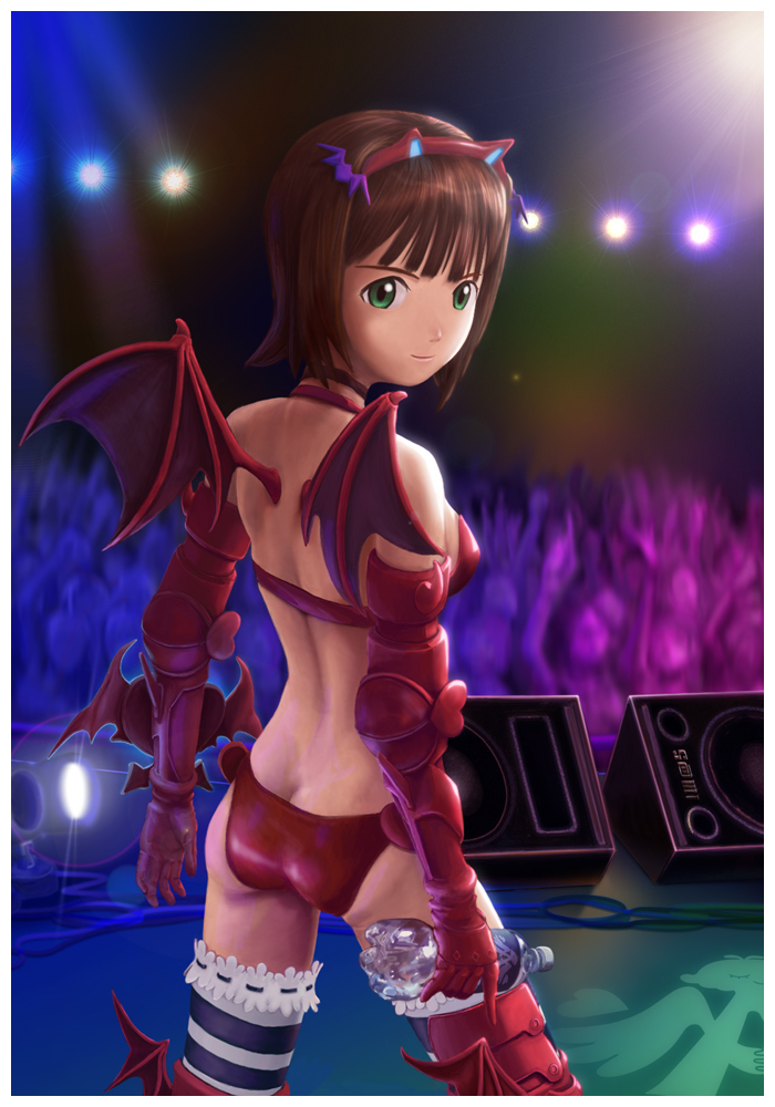 calma, amami haruka, idolmaster, idolmaster (classic), bad id, bad pixiv id, 00s, 1girl, armor, ass, back, bat wings, bikini, bottle, breasts, brown hair, butt crack, choker, elbow gloves, female focus, gauntlets, gloves, green eyes, hair ornament, hairband, lens flare, nightmare blood, solo, stage, striped clothes, striped thighhighs, swimsuit, thighhighs, water bottle, wings