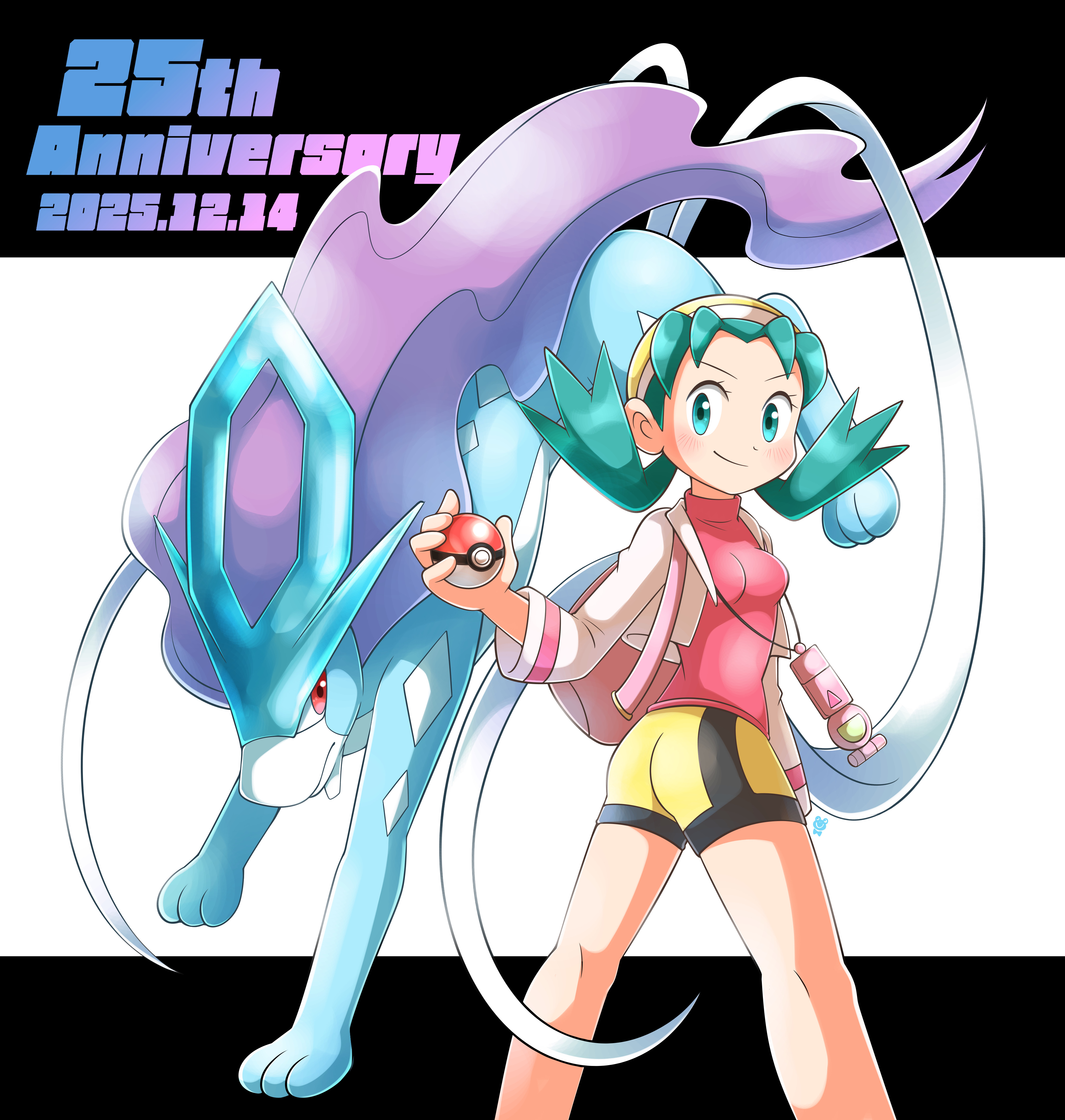 aogaeru (pixiv46613656), kris (pokemon), suicune, nintendo, pokemon, pokemon gsc, absurdres, commentary request, highres, 1girl, anniversary, aqua eyes, aqua hair, blush, breasts, closed mouth, dated, english text, eyelashes, gen 2 pokemon, hat, holding, holding poke ball, jacket, legendary pokemon, long sleeves, open clothes, open jacket, poke ball, poke ball (basic), pokegear, pokemon (creature), red eyes, red shirt, shirt, shorts, simple background, smile, twintails, white jacket, yellow hat, yellow shorts