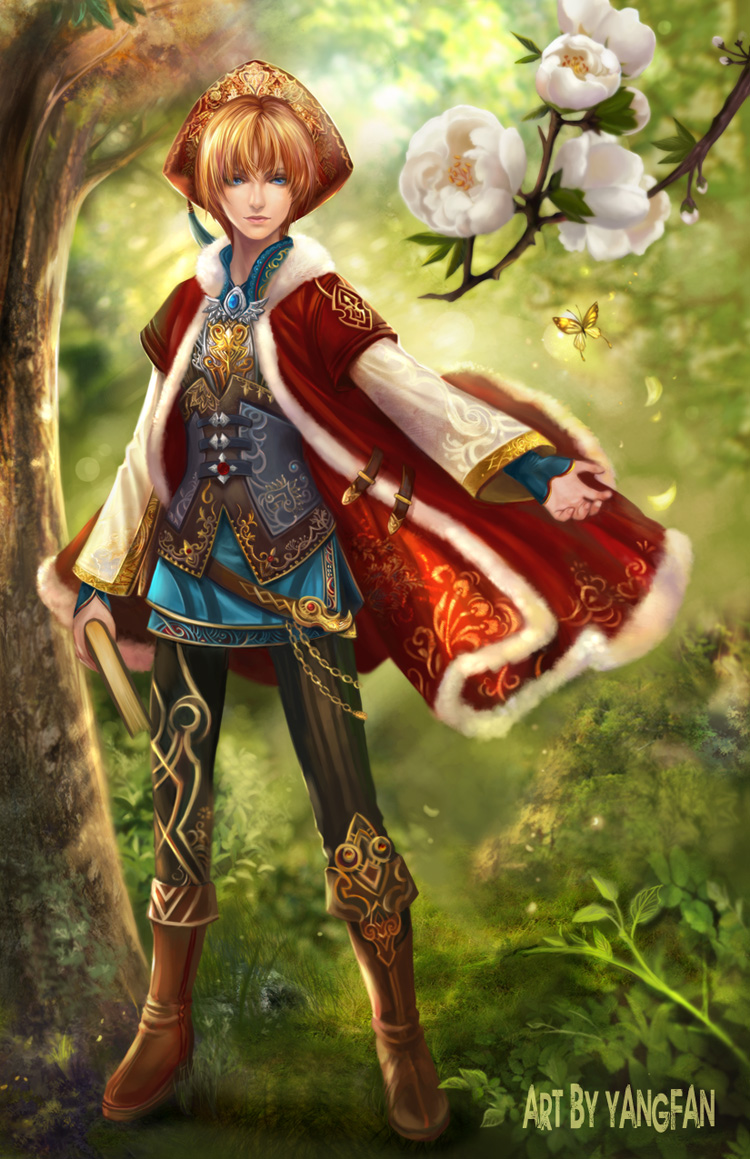 fan yang (jiuge), 1boy, blue eyes, book, bug, butterfly, flower, insect, male focus, short hair, solo, standing