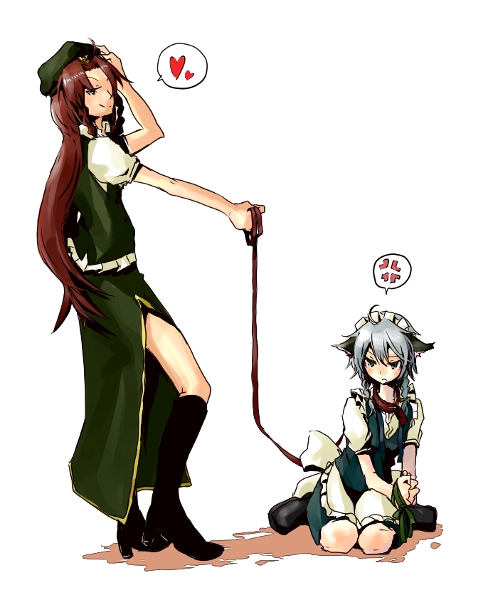 kurau kii, hong meiling, inu sakuya (nejikirio), izayoi sakuya, touhou, bad id, bad pixiv id, 2girls, angry, animal ears, collar, dog ears, female focus, heart, kemonomimi mode, leash, multiple girls, short hair