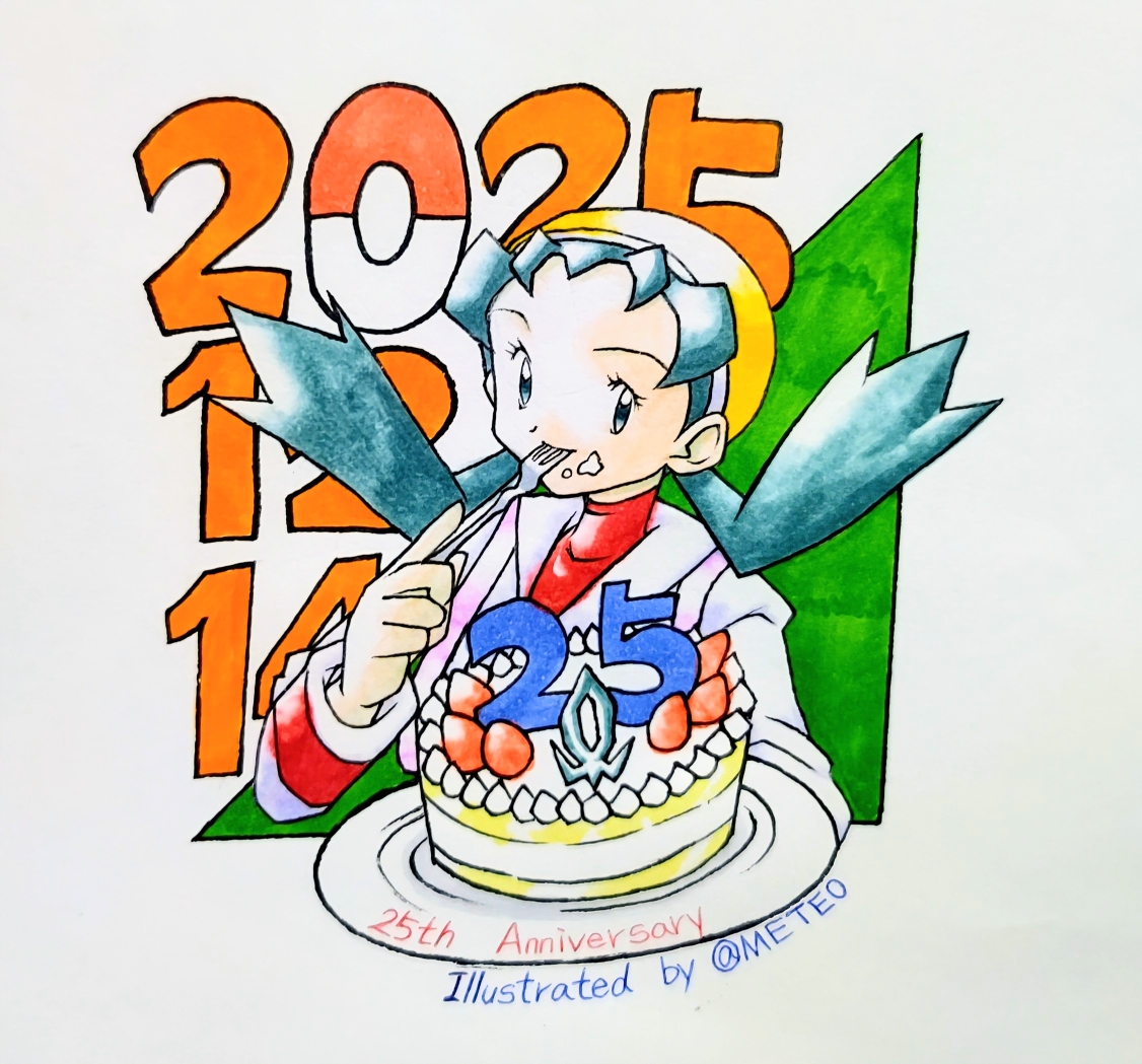 kris (pokemon), nintendo, pokemon, commentary request, 1girl, anniversary, aqua eyes, aqua hair, cake, dated, eating, english text, eyelashes, faux retro artstyle, food, food on face, fork, fruit, holding, holding fork, holding plate, jacket, long hair, long sleeves, meteo422837, number candle, official style, open clothes, open jacket, parody, plate, poke ball symbol, red shirt, shirt, simple background, solo, strawberry, style parody, sugimori ken (style), twintails, utensil in mouth, white background, white jacket