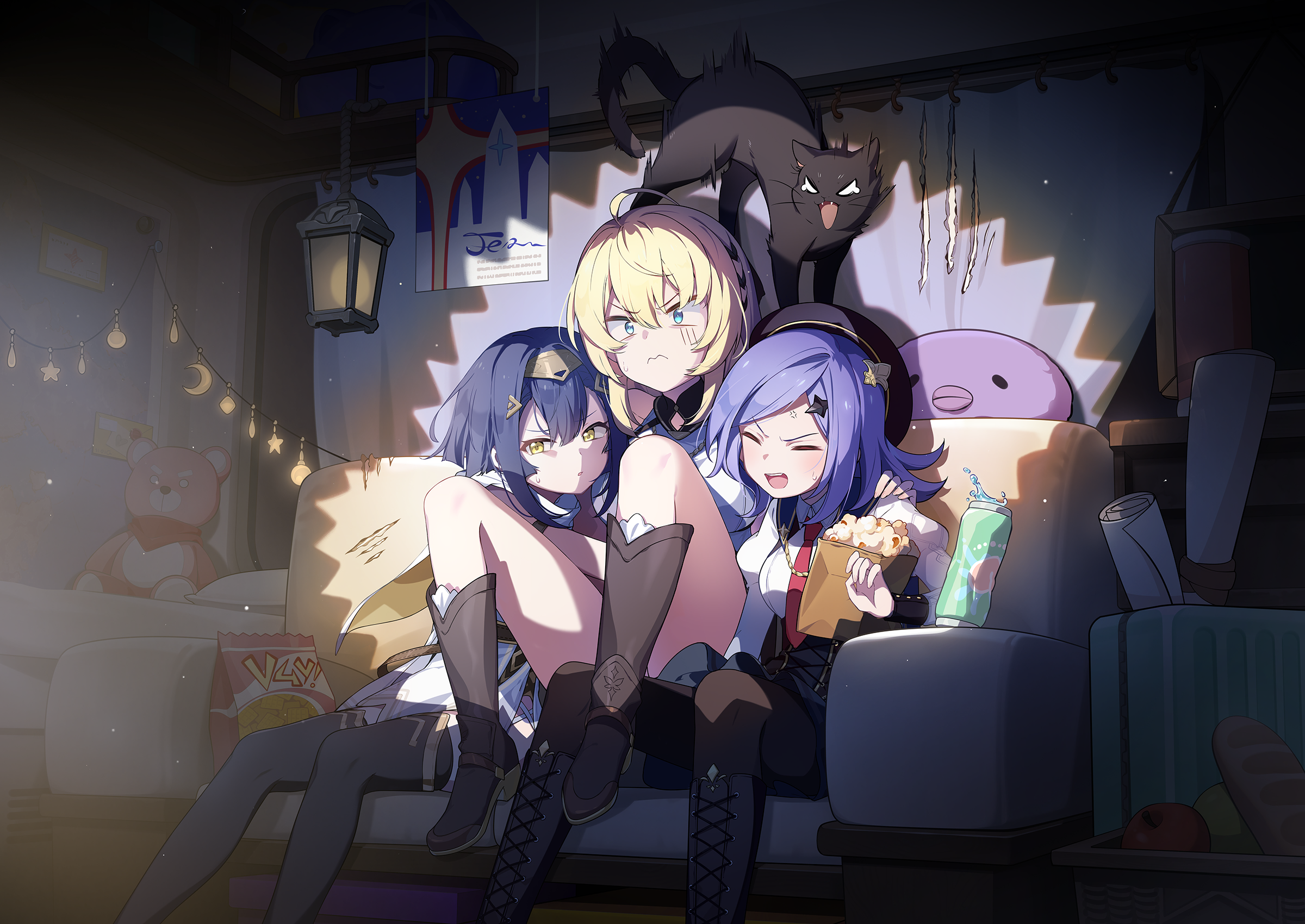 amber (stella sora), iris (stella sora), noya (stella sora), stella sora, game cg, highres, non-web source, official art, revision, 3:, 3girls, ahoge, arm around neck, bag, black boots, black cat, black pantyhose, black skirt, blonde hair, blue eyes, boots, braid, breasts, brown boots, can, cat, closed eyes, collared shirt, couch, dark, double-parted bangs, dress shirt, drink can, food, frown, hair ribbon, high-waist skirt, indoors, juliet sleeves, long sleeves, medium breasts, miniskirt, multiple girls, necktie, new star guild (stella sora), on couch, open mouth, pantyhose, paper bag, parted lips, popcorn, puffy sleeves, red necktie, ribbon, ribbon braid, shirt, side braid, sitting, skirt, thigh boots, underbust, v-shaped eyebrows, white shirt, yellow eyes