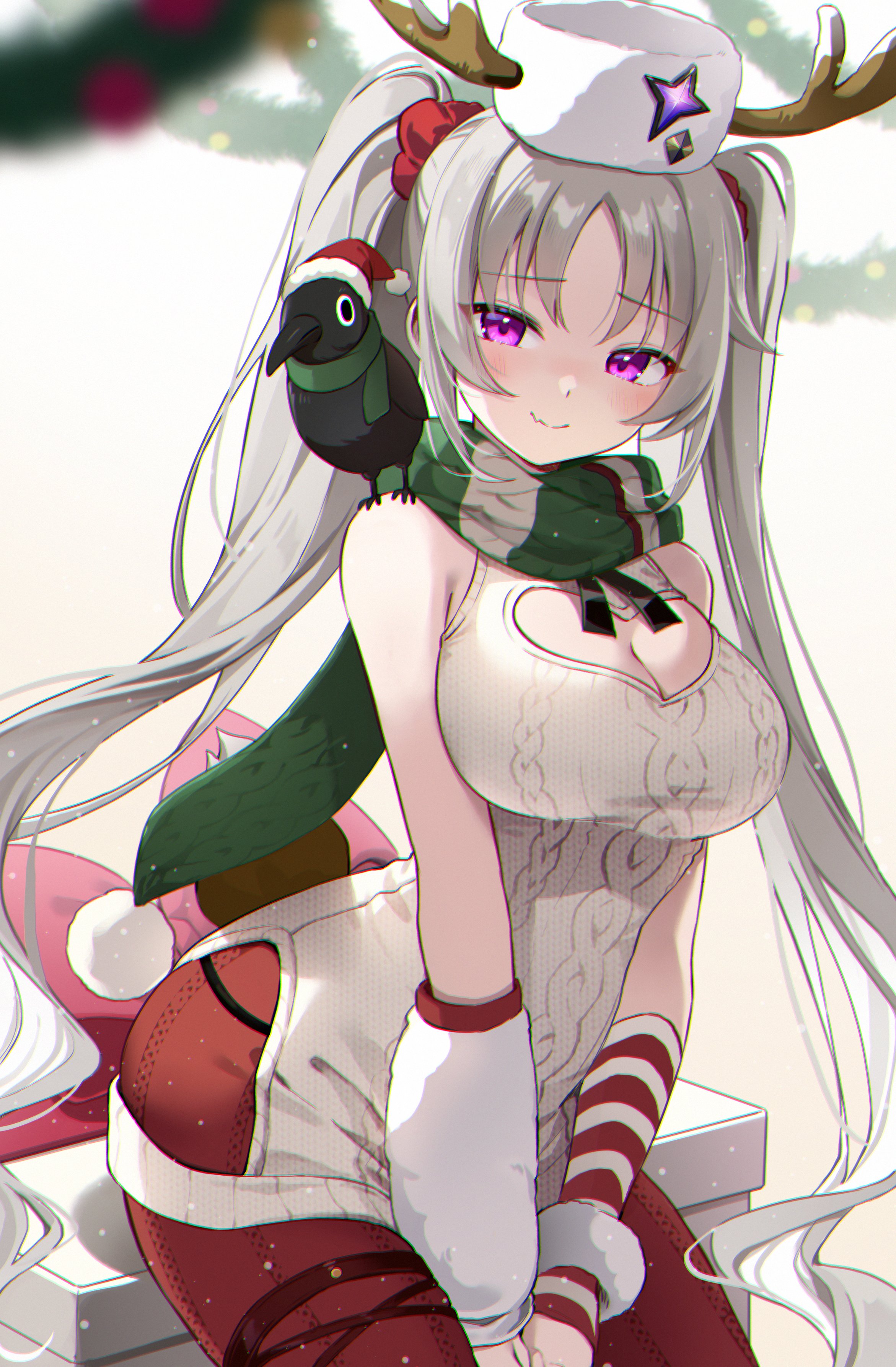 ika (4801055), laru (stella sora), stella sora, absurdres, commentary, highres, 1girl, animal, animal on shoulder, antlers, arm warmers, bare shoulders, bird, breasts, cable knit, cleavage, cleavage cutout, closed mouth, clothing cutout, dress, fake antlers, fang, fur hat, green scarf, hat, heart cutout, hip vent, horns, large breasts, laru (snowish) (stella sora), long hair, looking at viewer, pantyhose, purple eyes, red pantyhose, reindeer antlers, scarf, sleeveless, sleeveless dress, smile, solo, twintails, very long hair, white dress, white hair, white hat