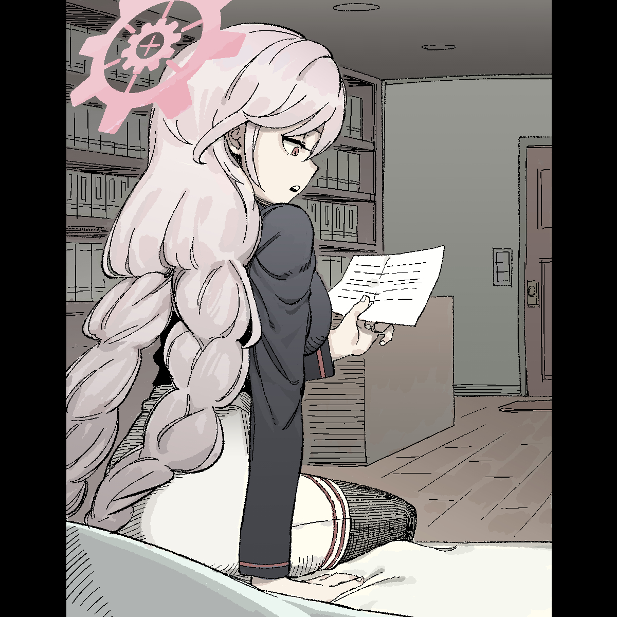 johnlim, tomoe (blue archive), blue archive, hashtag-only commentary, highres, 1girl, black pantyhose, black shirt, bookshelf, braid, breasts, from behind, halo, holding, holding paper, indoors, large breasts, long hair, long sleeves, pantyhose, paper, parted lips, shirt, sitting, skirt, solo, twin braids, very long hair, white skirt