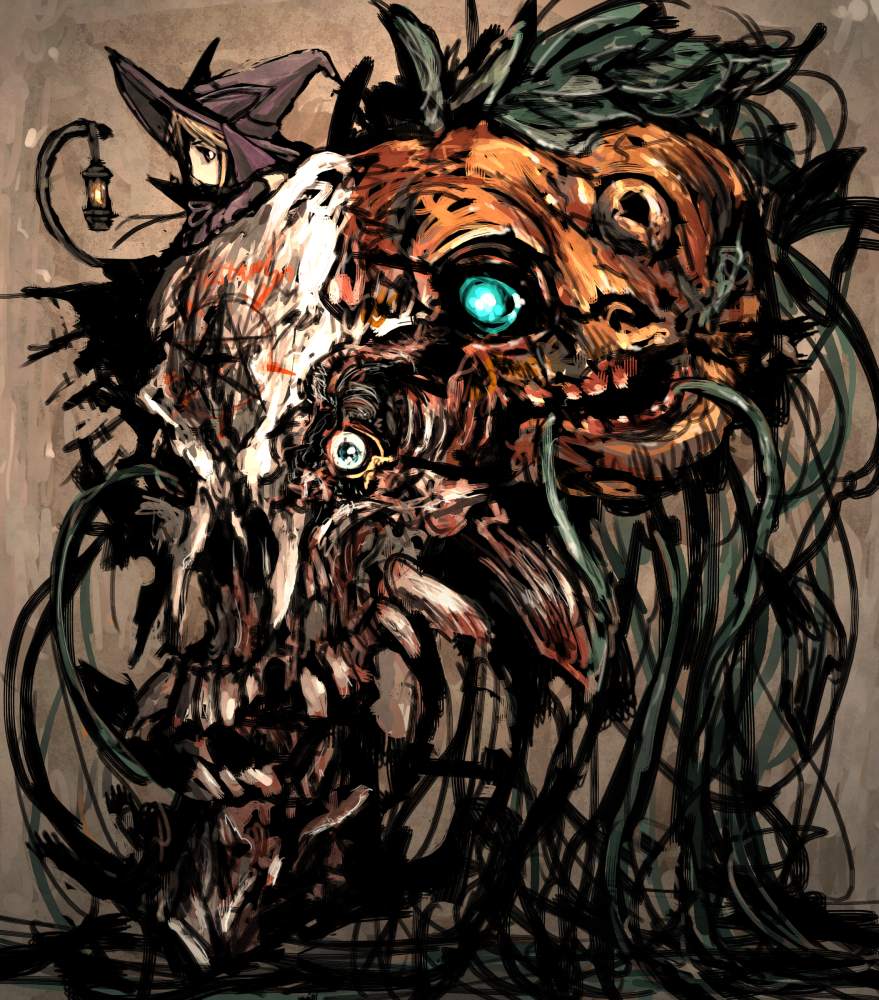 moto murabito, original, blonde hair, blood, glowing, glowing eyes, halloween, hat, lamp, pentagram, pumpkin, solo, teeth, witch, witch hat