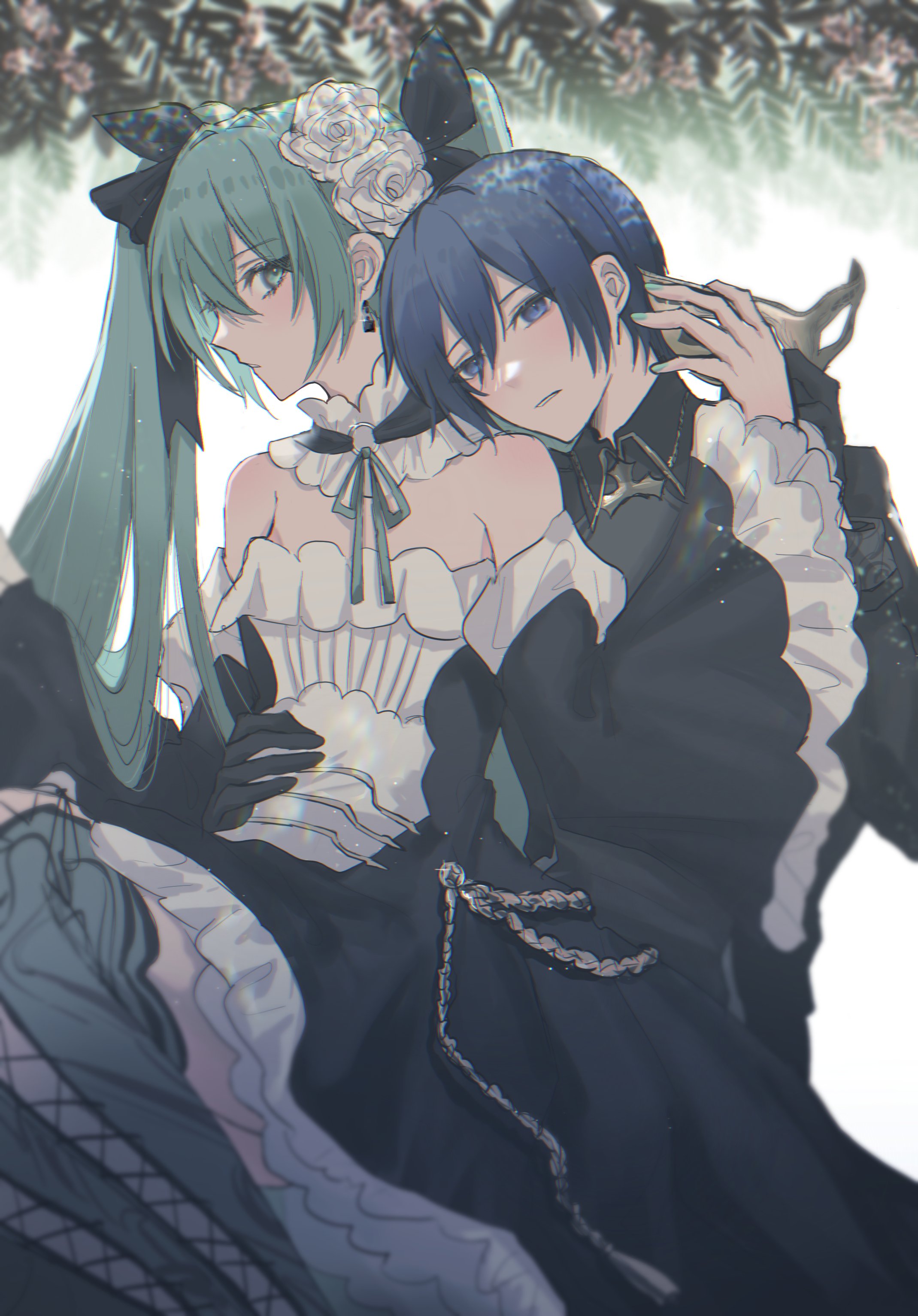libertyp, hatsune miku, kaito (vocaloid), vocaloid, absurdres, highres, 1boy, 1girl, aqua boots, aqua hair, aqua nails, aqua ribbon, bell sleeves, black bow, black dress, black shirt, black sleeves, blank stare, blue eyes, blue hair, boots, bow, collar, collared shirt, cube earrings, dress, earrings, expressionless, feet out of frame, flower, formal clothes, frilled collar, frilled dress, frills, hair between eyes, hair bow, hair flower, hair ornament, hand on another's waist, hetero, holding, holding mask, jewelry, juliet sleeves, lace-up boots, light blush, long hair, long sleeves, looking afar, looking at viewer, mask, masquerade mask, multicolored sleeves, multiple hair bows, nail polish, o-ring, petticoat, plant, profile, puffy sleeves, ribbon, rose, shirt, simple background, sitting, sitting on lap, sitting on person, strapless, strapless dress, thigh boots, very long hair, wallet chain, white flower, white rose, white sleeves, yokozuwari