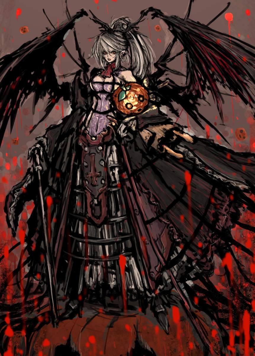 moto murabito, original, silver hair, highres, 1girl, armor, bare shoulders, blood, breasts, female focus, halloween, large breasts, long hair, ponytail, pumpkin, red eyes, solo, sword, weapon, wings