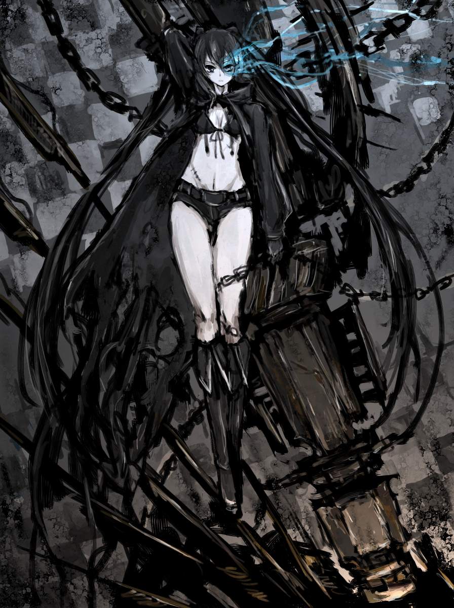 moto murabito, black rock shooter (character), black rock shooter, highres, traditional media, 10s, 1girl, arm cannon, belt, bikini, bikini top only, black hair, blue eyes, boots, chain, coat, female focus, glowing, glowing eyes, gun, huge weapon, long hair, midriff, navel, pale skin, scar, short shorts, shorts, solo, swimsuit, twintails, very long hair, weapon