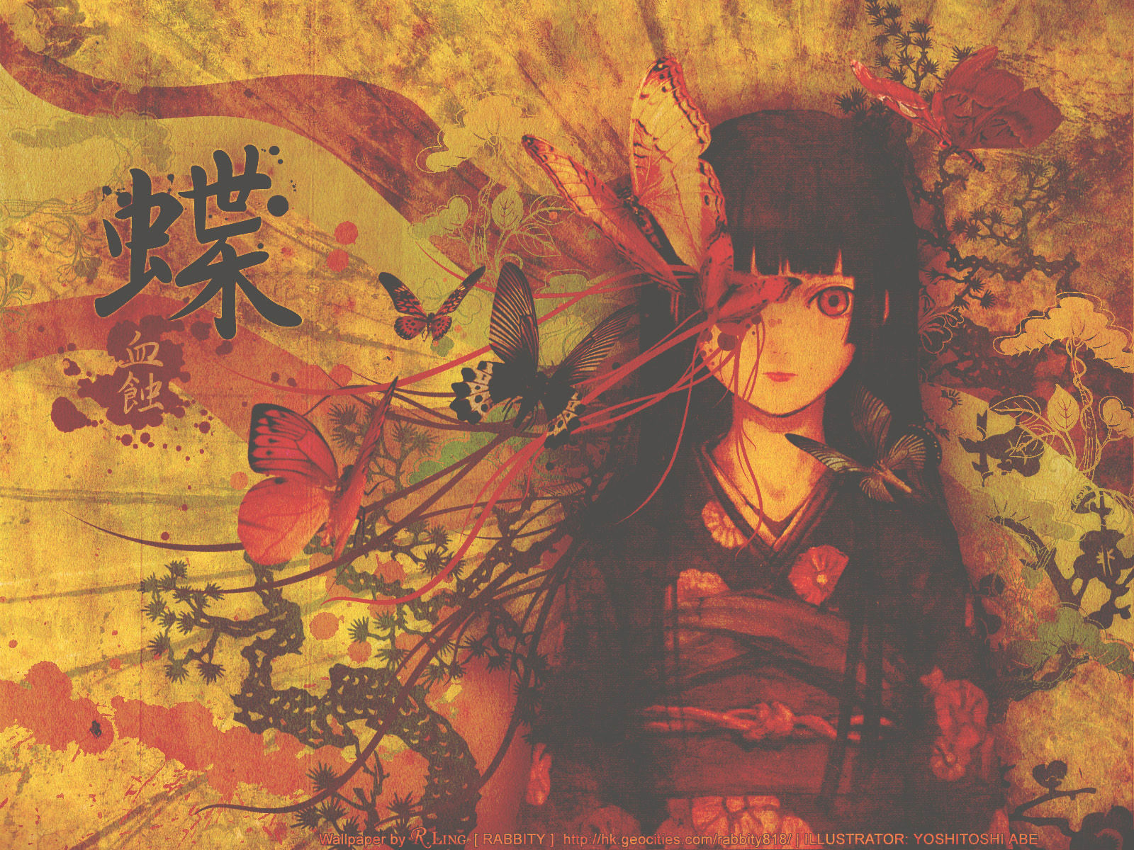 abe yoshitoshi, enma ai, jigoku shoujo, highres, 00s, 1girl, abe yoshitochi, black hair, blood, blunt bangs, bow, branch, bug, butterfly, female focus, flower, hair bow, hime cut, insect, japanese clothes, kimono, leaf, lips, lipstick, long hair, makeup, red eyes, sepia, solo, watermark
