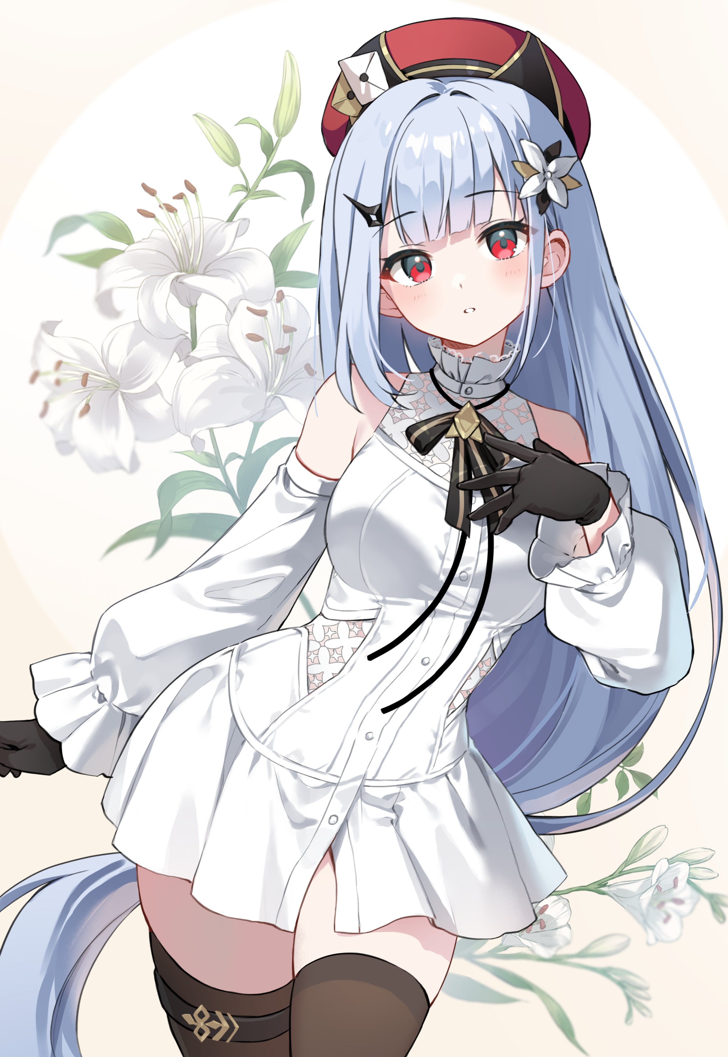 ika (4801055), freesia (stella sora), stella sora, absurdres, commentary, highres, 1girl, bare shoulders, beret, black gloves, breasts, brown thighhighs, buttons, cowboy shot, detached sleeves, dress, flower, freesia (the gift of falling snow) (stella sora), gloves, hair ornament, hairclip, hat, long hair, long sleeves, looking at viewer, medium breasts, official alternate costume, parted lips, red eyes, red hat, sleeveless, sleeveless dress, solo, thigh strap, thighhighs, very long hair, white dress, white flower, white hair, zettai ryouiki