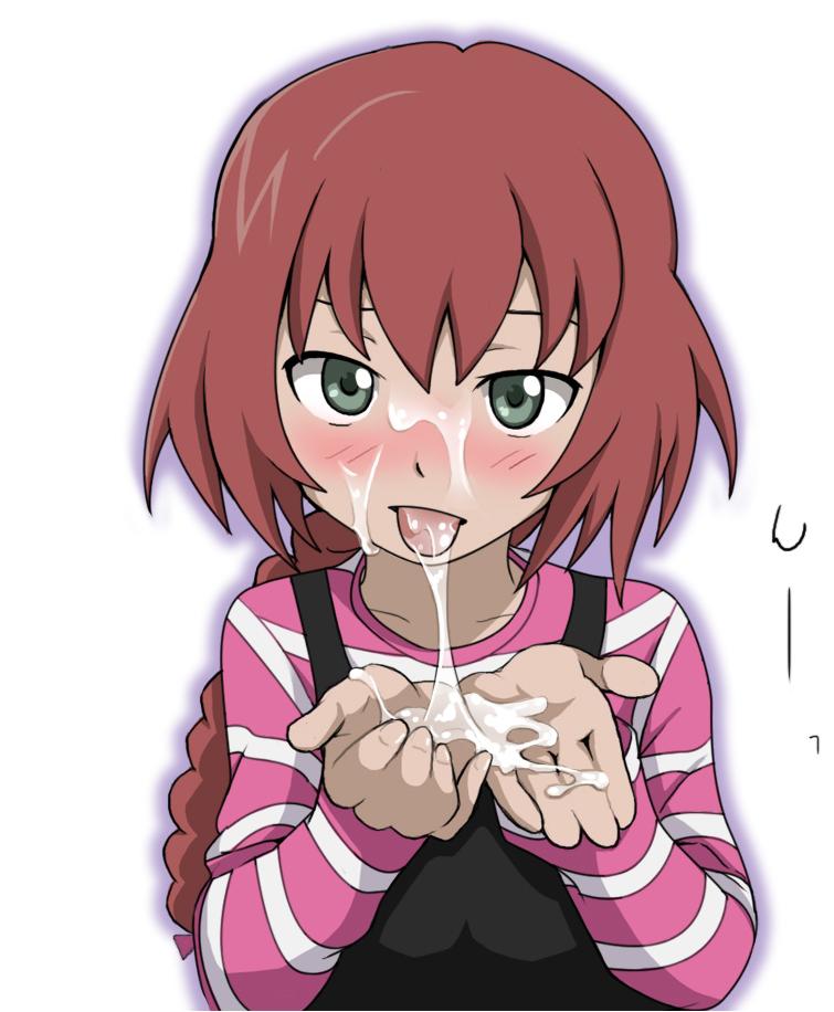 okoge, suou pavlichenko, darker than black, 1girl, blush, cum, cum in mouth, cum on body, cum on tongue, cum on upper body, cupping hands, facial, female focus, green eyes, loli, own hands together, red hair, shirt, solo, striped clothes, striped shirt