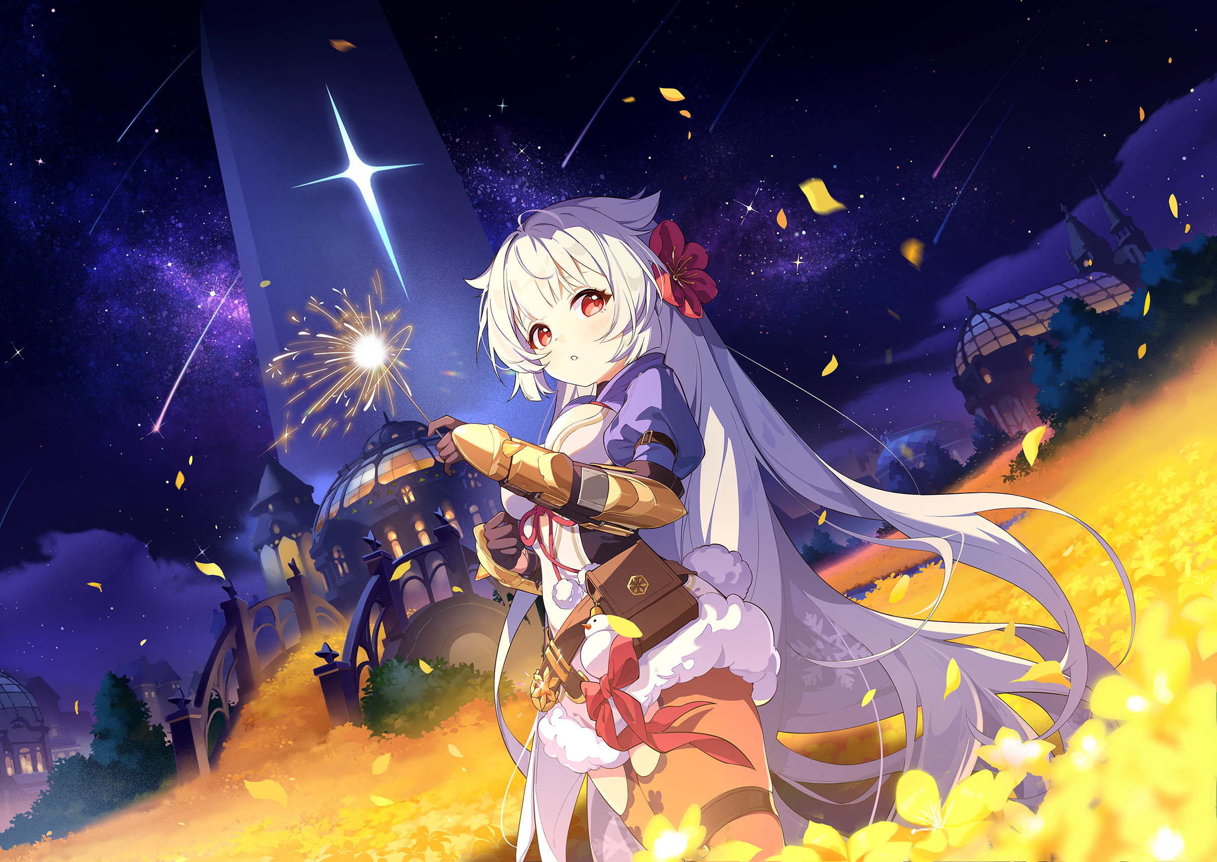 fuyuka (stella sora), stella sora, game cg, highres, non-web source, official art, 1girl, blue shrug, breasts, dutch angle, fireworks, flower, fur-trimmed leotard, fur trim, hair flaps, hair flower, hair ornament, holding, holding fireworks, juliet sleeves, large breasts, leotard, long hair, long sleeves, looking at viewer, meteor shower, monolith (object), night, orange pantyhose, outdoors, pantyhose, pantyhose cutout, parted lips, puffy sleeves, red eyes, red flower, shooting star, shrug (clothing), sky, solo, sparkler, star (sky), starry sky, very long hair, white hair, white leotard