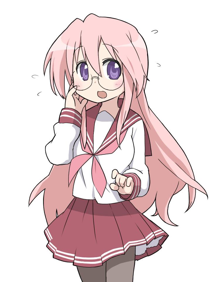 suzumiya annko, takara miyuki, lucky star, bad id, bad pixiv id, 00s, 1girl, female focus, flying sweatdrops, glasses, long hair, pantyhose, pink hair, purple eyes, school uniform, serafuku, simple background, solo, white background