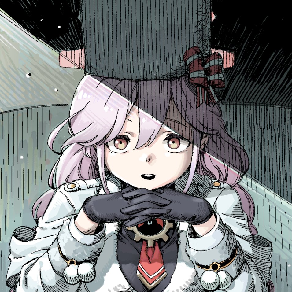 johnlim, tomoe (blue archive), blue archive, hashtag-only commentary, black gloves, black shirt, bow, braid, breasts, coat, fur hat, gendou pose, gloves, hair between eyes, hands clasped, hat, interlocked fingers, long sleeves, looking at viewer, own hands clasped, own hands together, pink hair, pom pom (clothes), red eyes, shirt, striped bow, twin braids, upper body, white coat