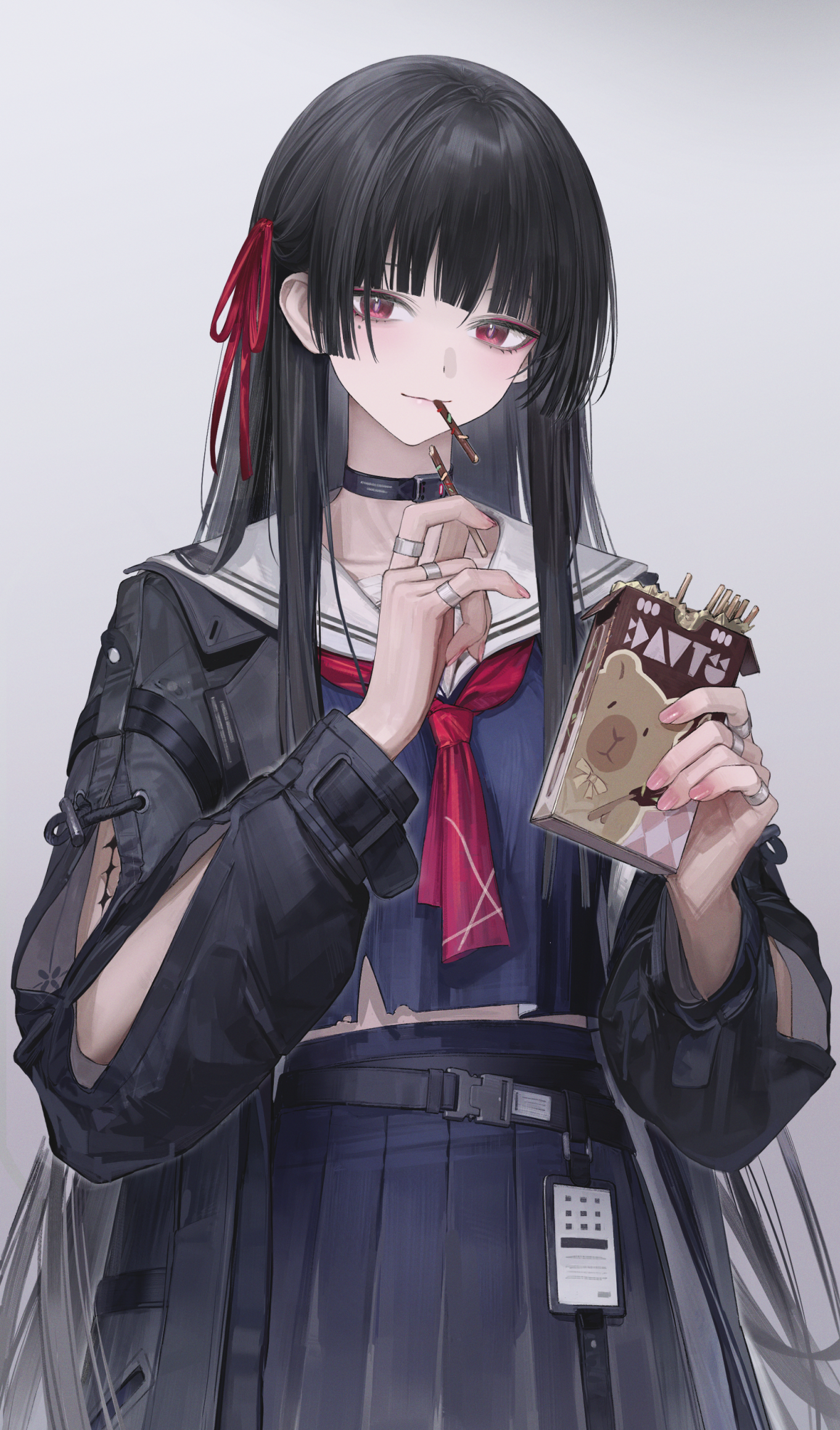 luin y, chisa (wuthering waves), wuthering waves, commentary, highres, 1girl, arm cutout, black choker, black hair, black jacket, black serafuku, black shirt, black skirt, choker, closed mouth, clothing cutout, cowboy shot, food, food in mouth, grey background, hair ribbon, holding, holding food, holding pocky, id card, jacket, long hair, long sleeves, looking at viewer, mole, mole under eye, neckerchief, pocky, pocky in mouth, red eyes, red neckerchief, red ribbon, ribbon, sailor collar, school uniform, serafuku, shirt, simple background, skirt, smile, solo, tacet mark (wuthering waves), very long hair, white sailor collar