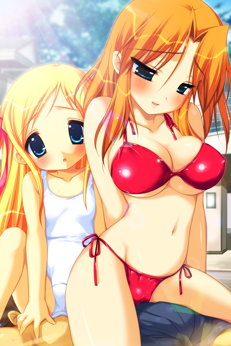 emily (pure dream), original, highres, source request, 2girls, age difference, bikini, blonde hair, blush, breasts, brown hair, cameltoe, cleavage, covered erect nipples, day, large breasts, loli, long hair, mother and daughter, multiple girls, navel, one-piece swimsuit, ribbon, side-tie bikini bottom, sitting, spread legs, straddling, swimsuit, twintails